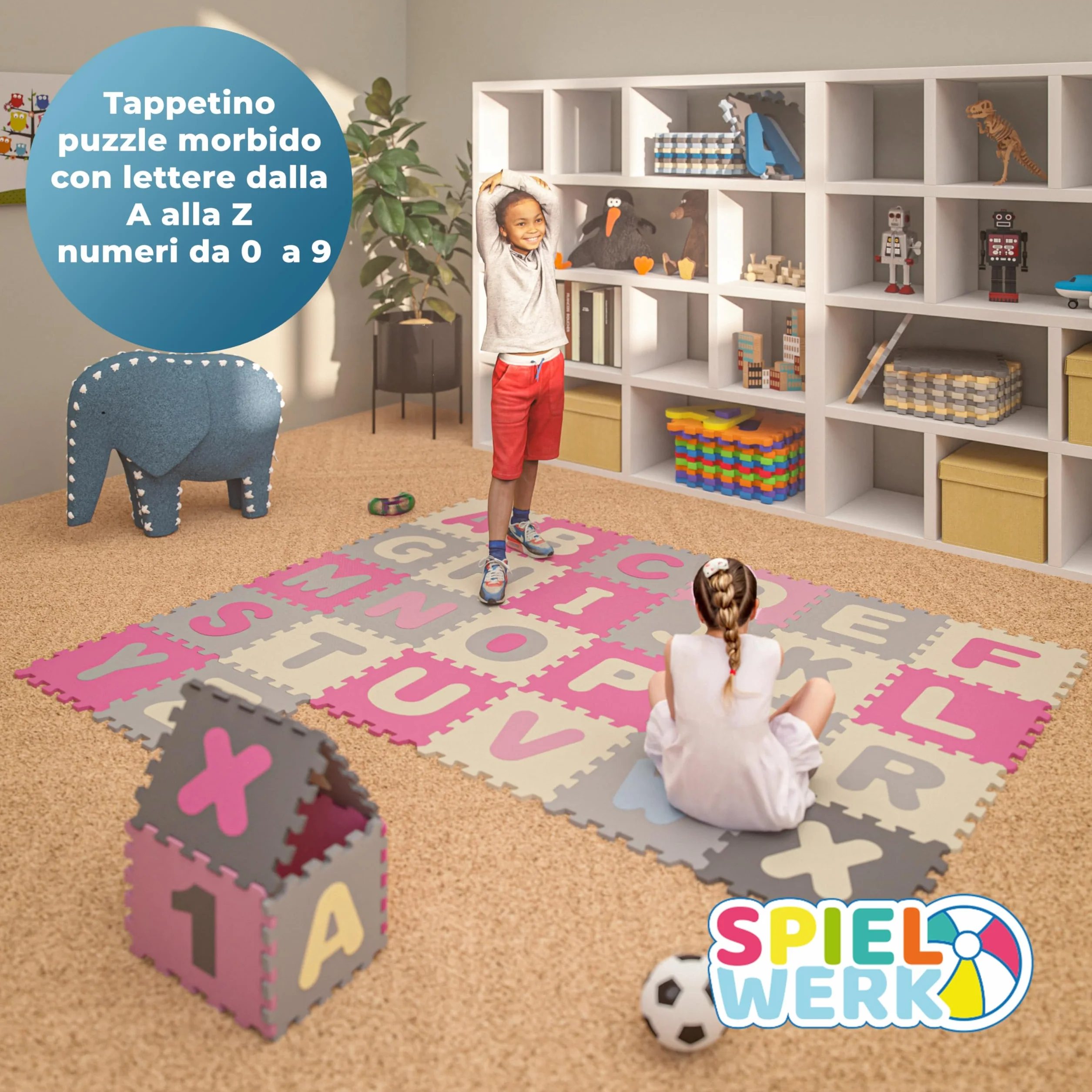 Spielwerk® Tappeto Puzzle XXL 86 Pz per Bambini 3,3m² Tappetino per Gattonare Lettere Numeri Apprendimento Gommapiuma