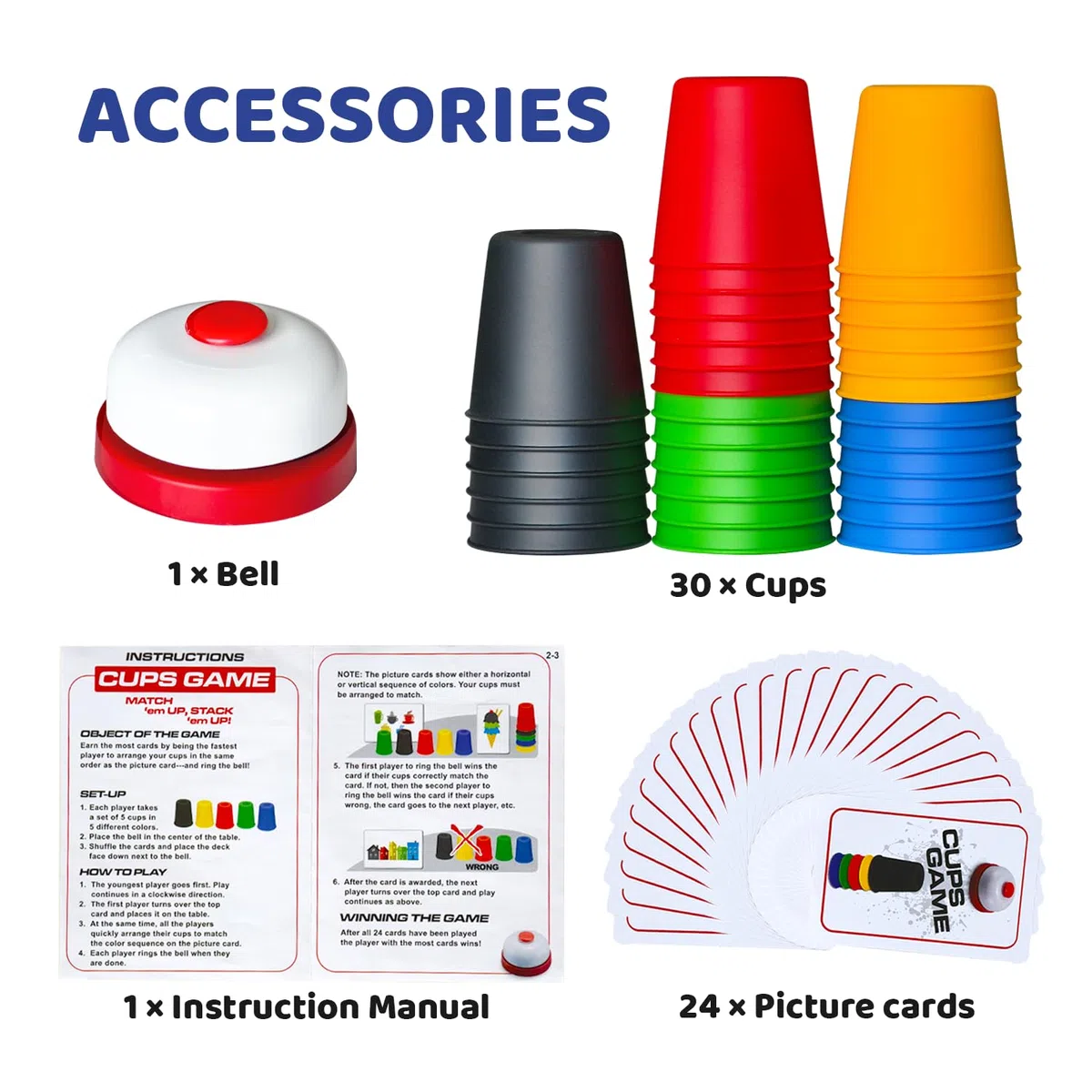 Parez Toys Quick Stacking Cups, Gioco di Tazze Impilabili, Giochi di Velocità, Giocattoli Interattivi con 24 Carte e 30 Tazze