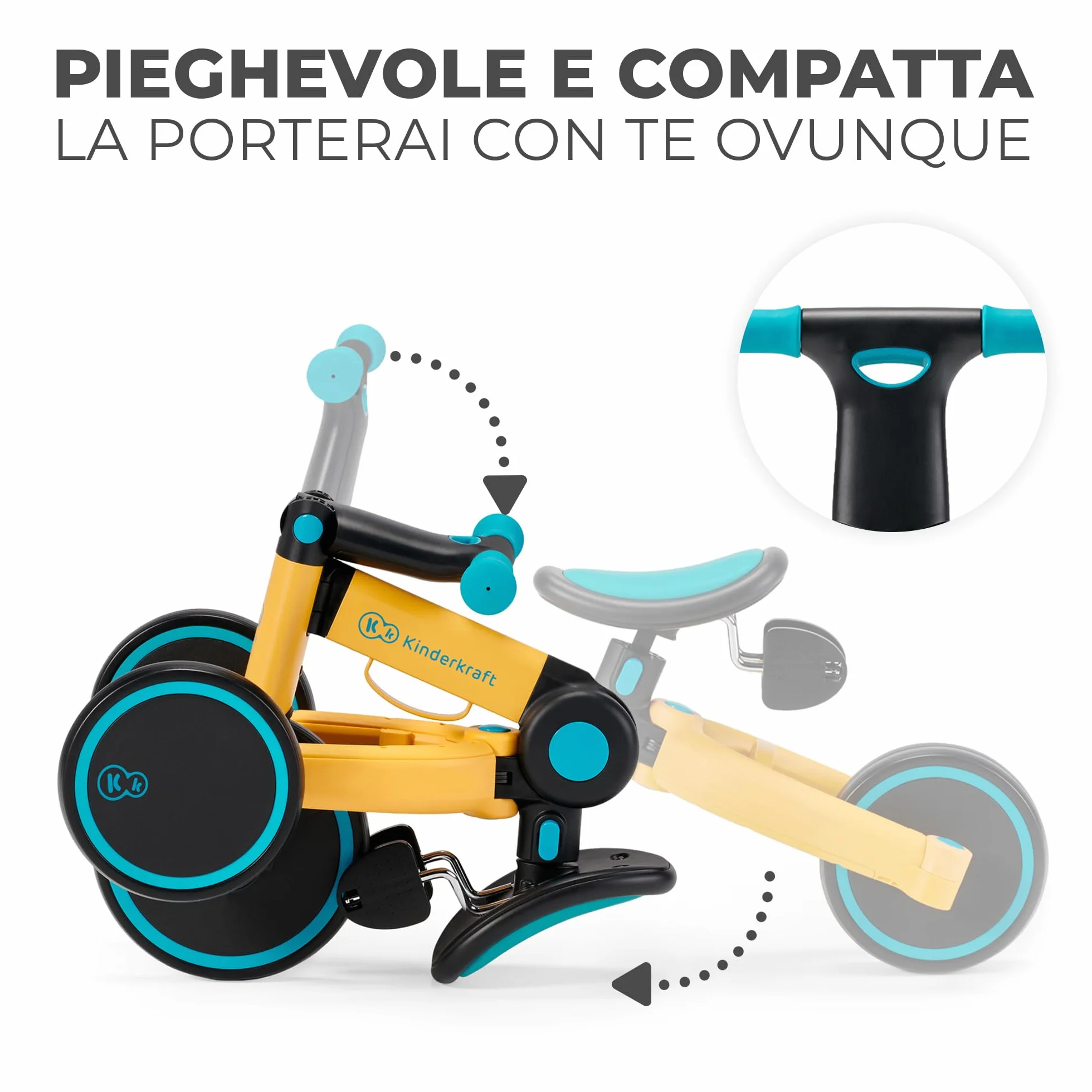 Kinderkraft Triciclo 3in1 4TRIKE, Mini bici, Carrello, Sella regolabile, Pieghevole, da 12 mesi a 5 anni, Giallo