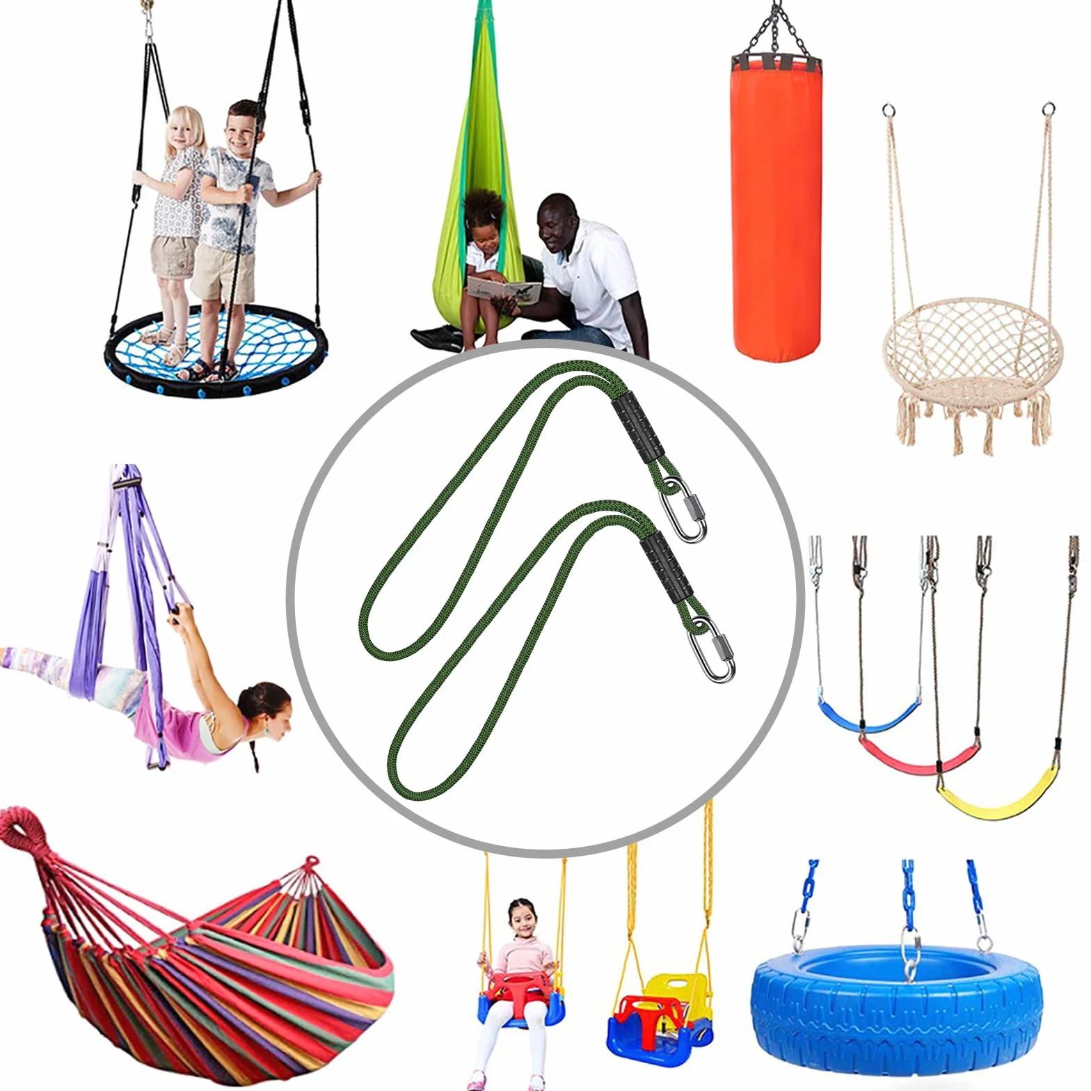 SELEWARE 2 corde di fissaggio per altalena, non regolabili, per altalena, amaca con moschettone, per esterni, per altalene, amache, yoga, 61 cm
