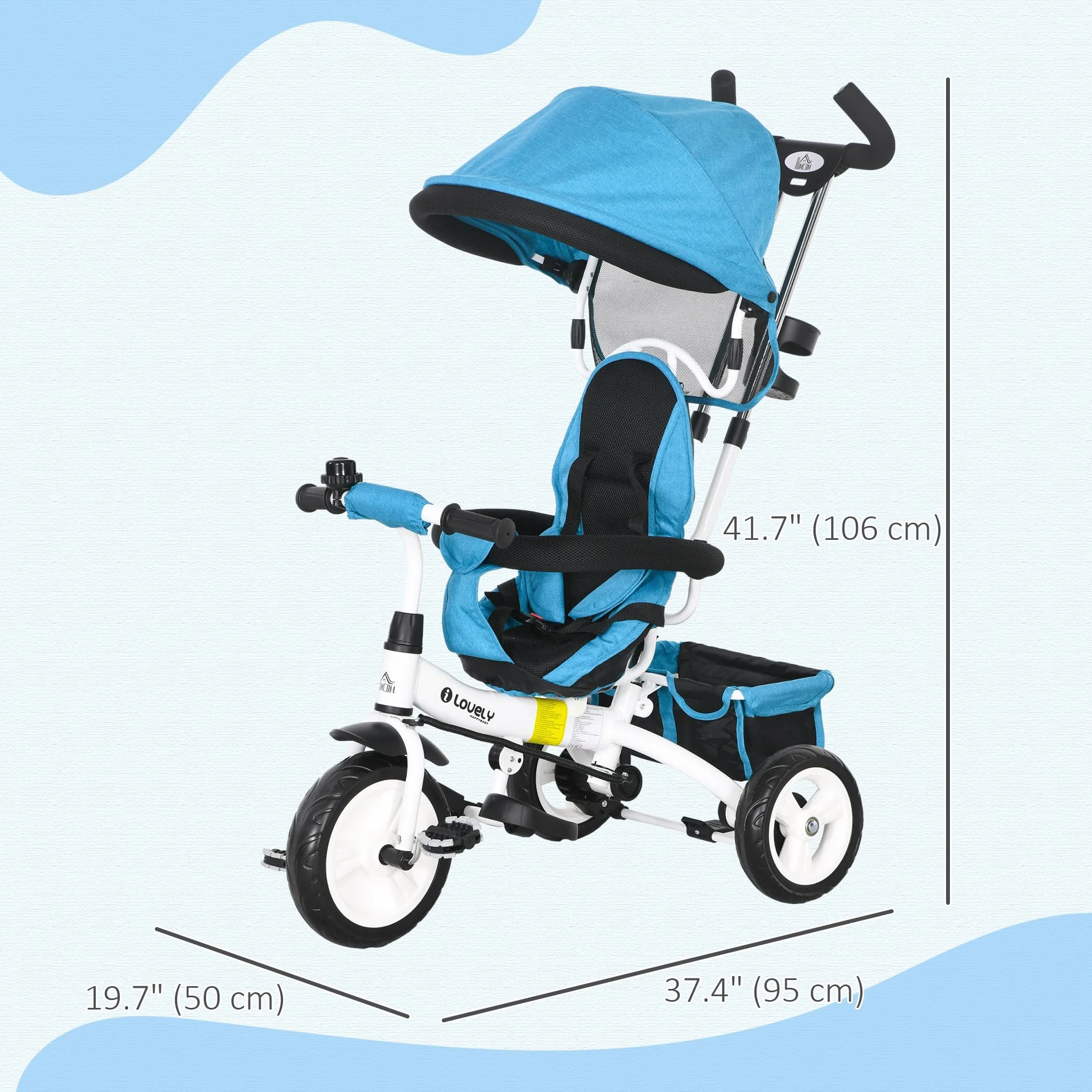 HOMCOM Triciclo per Bambini con Maniglione 6 in 1, Passeggino per Bambini con Tettuccio Regolabile, Cintura di Sicurezza e Cestino, Età 1-5 Anni, Blu