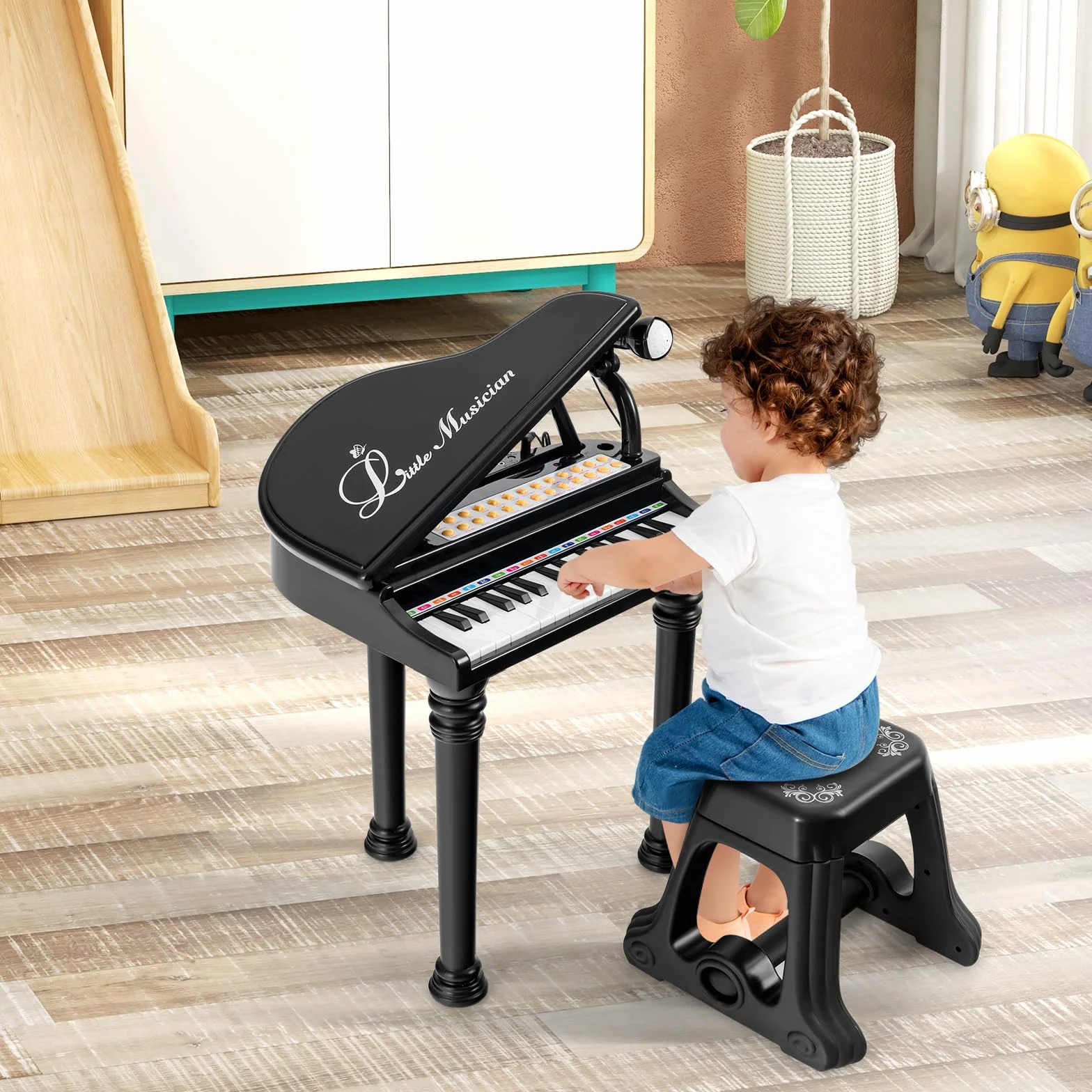 RELAX4LIFE Pianoforte per Bambini con 31 Tasti e Sgabello, Tastiera Pianoforte Elettronico con Microfono Regolabile, Giocattolo Musicale Regalo per Bambini 3+ Anni (Nero)