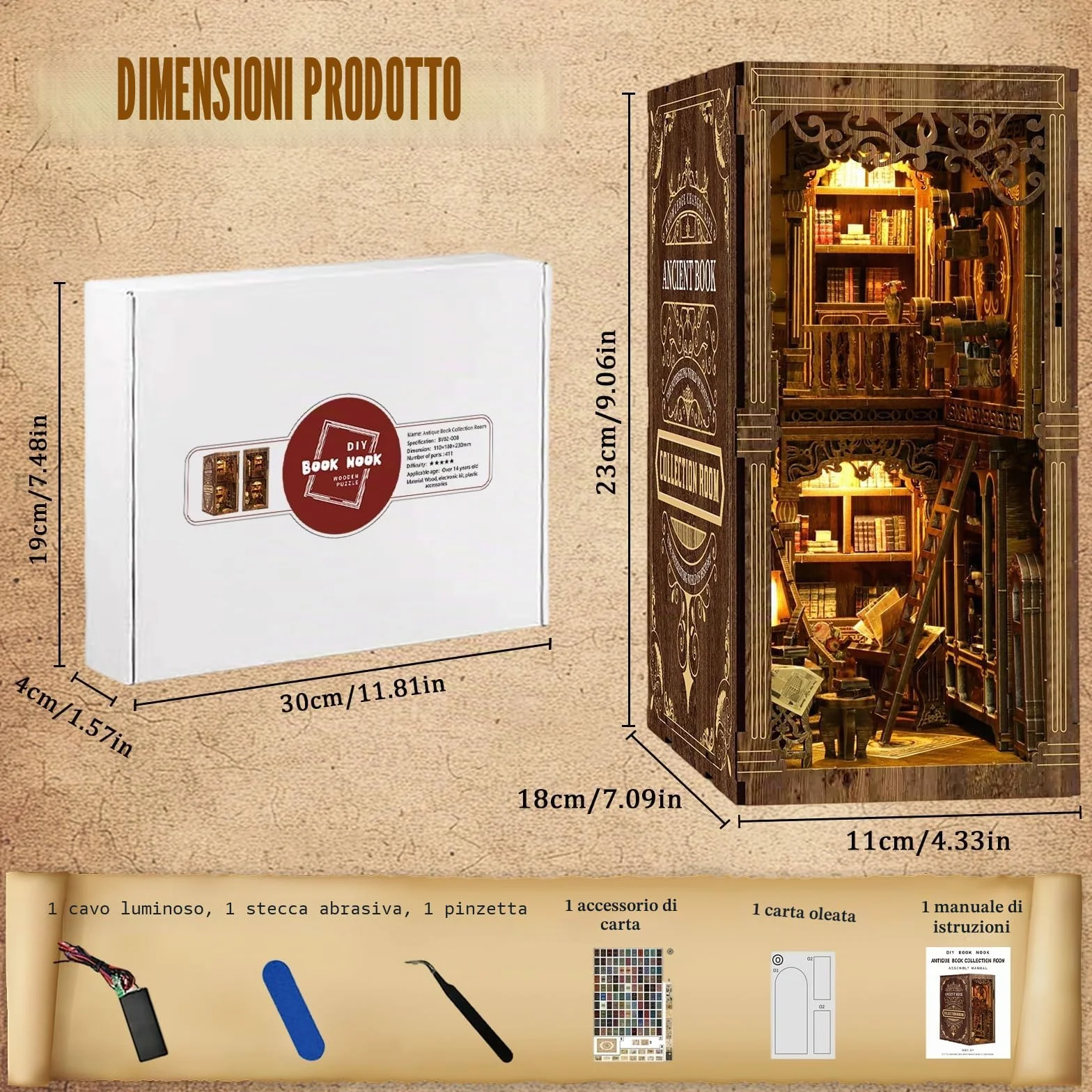 Kit Diy Book Nook, Collezione Di Libri Vintage, Puzzle In Legno In Miniatura Fai Da Te Con Luce Led, Idea Regalo Creativa Per Adulti e Adolescenti a Partire Dai 14 Anni, Biblioteca