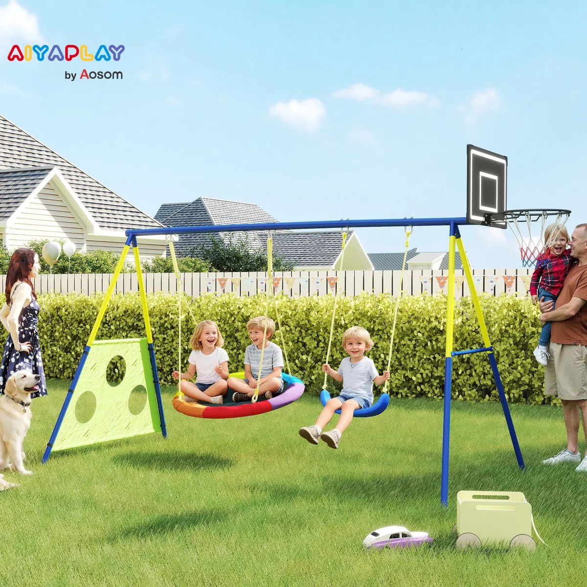 AIYAPLAY Set Altalena da Giardino 4 in 1 per Bambini con 2 Altalene, Canestro da Basket, Porta da Calcio, Supporto ad A in Acciaio, Capacità 150 kg, per Uso Esterno, 3-8 Anni, 288x160x220 cm