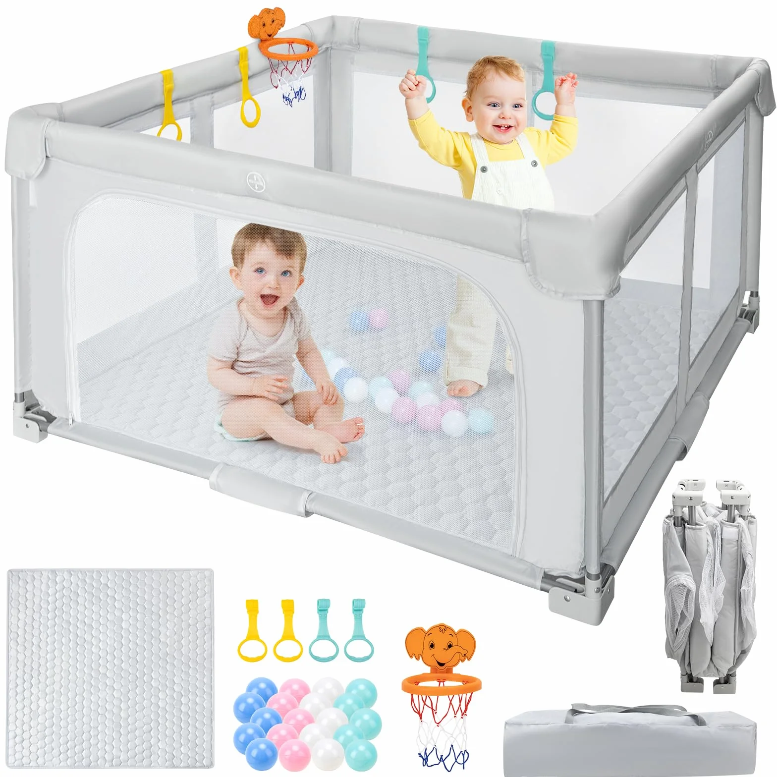 Piattaforma Gioco Bambini Pieghevole 127×127cm: Interna/Esterna – Borsa Trasporto, 20 Palle, 4 Anelli + Canestro, Tappeto Spuma