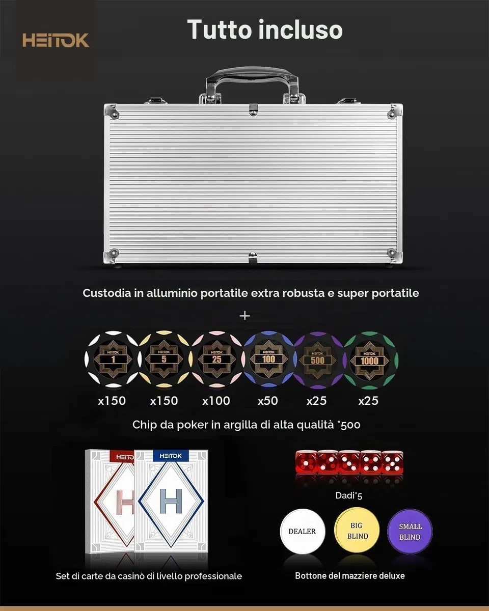 HEITOK Set Fiches Poker Clay Composite 500 pz 14g con valigetta | 500 pz 14g Clay Composite numerate con valigetta per Texas Holdem e Blackjack.