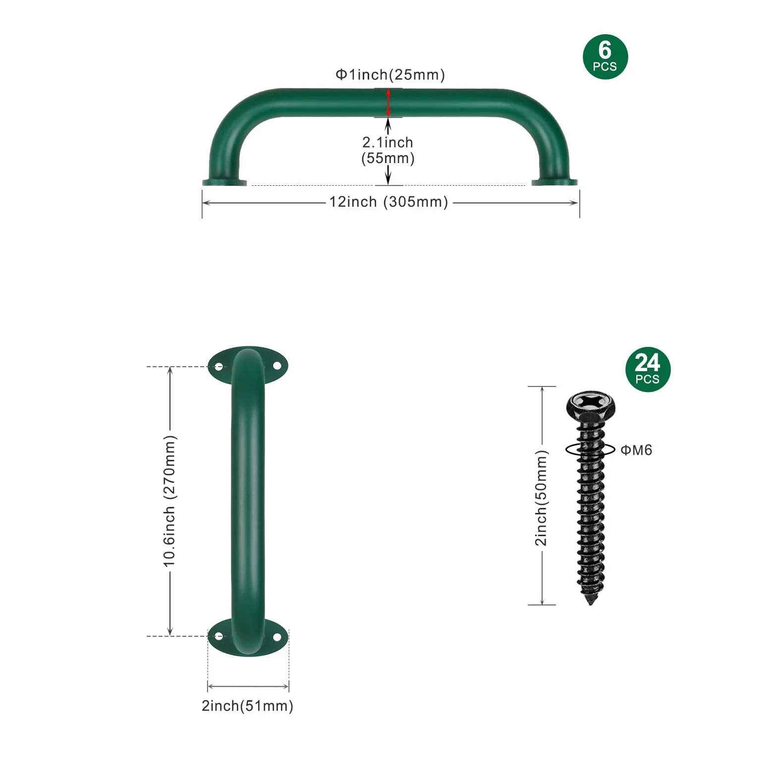 SELEWARE Confezione da 6 maniglie di sicurezza verdi da 30,5 cm, in metallo, per bambini, set di maniglie per altalena, maniglie per interni ed esterni, barre per scimmie, casa sull'albero, giungla