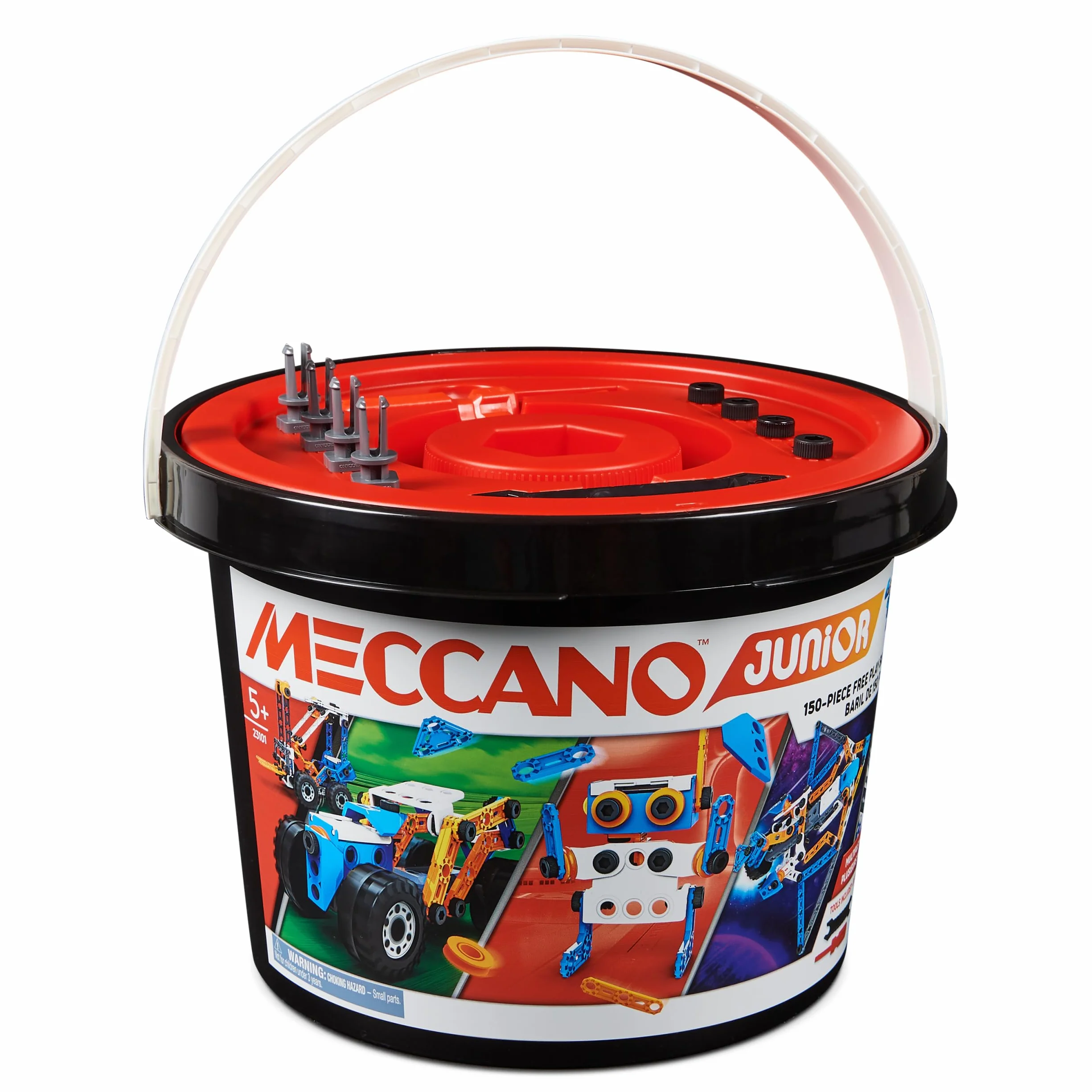 MECCANO - Barile da 150 Pezzi Junior - 5 Diversi Modelli da Costruire - Set di Costruzione con 2 Strumenti - Alternativa agli schermi - Giocattolo per Bambini 5 Anni e +
