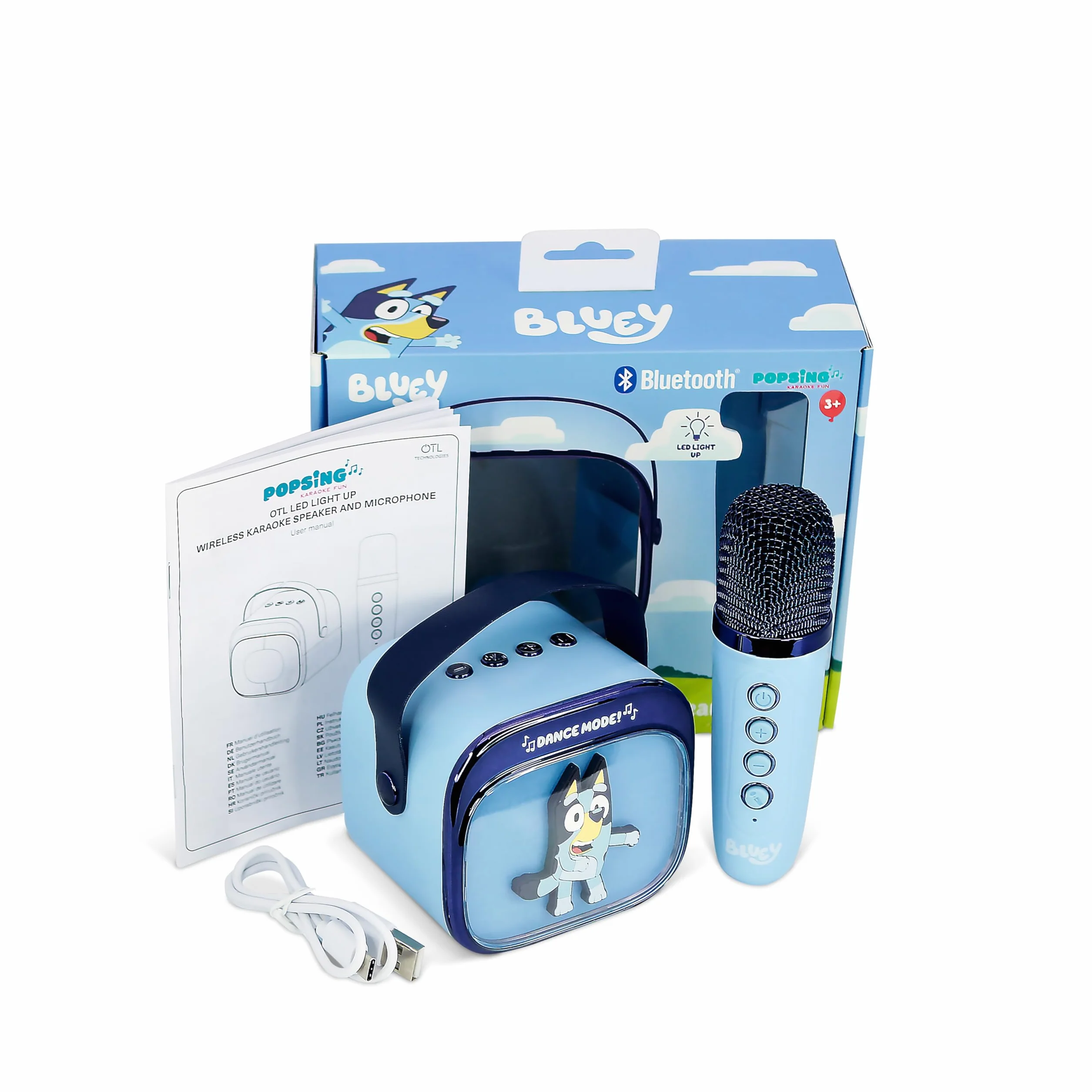 Bluey - Mini altoparlante per karaoke a LED, wireless, con microfono Bluetooth, colore blu, luci che cambiano colore