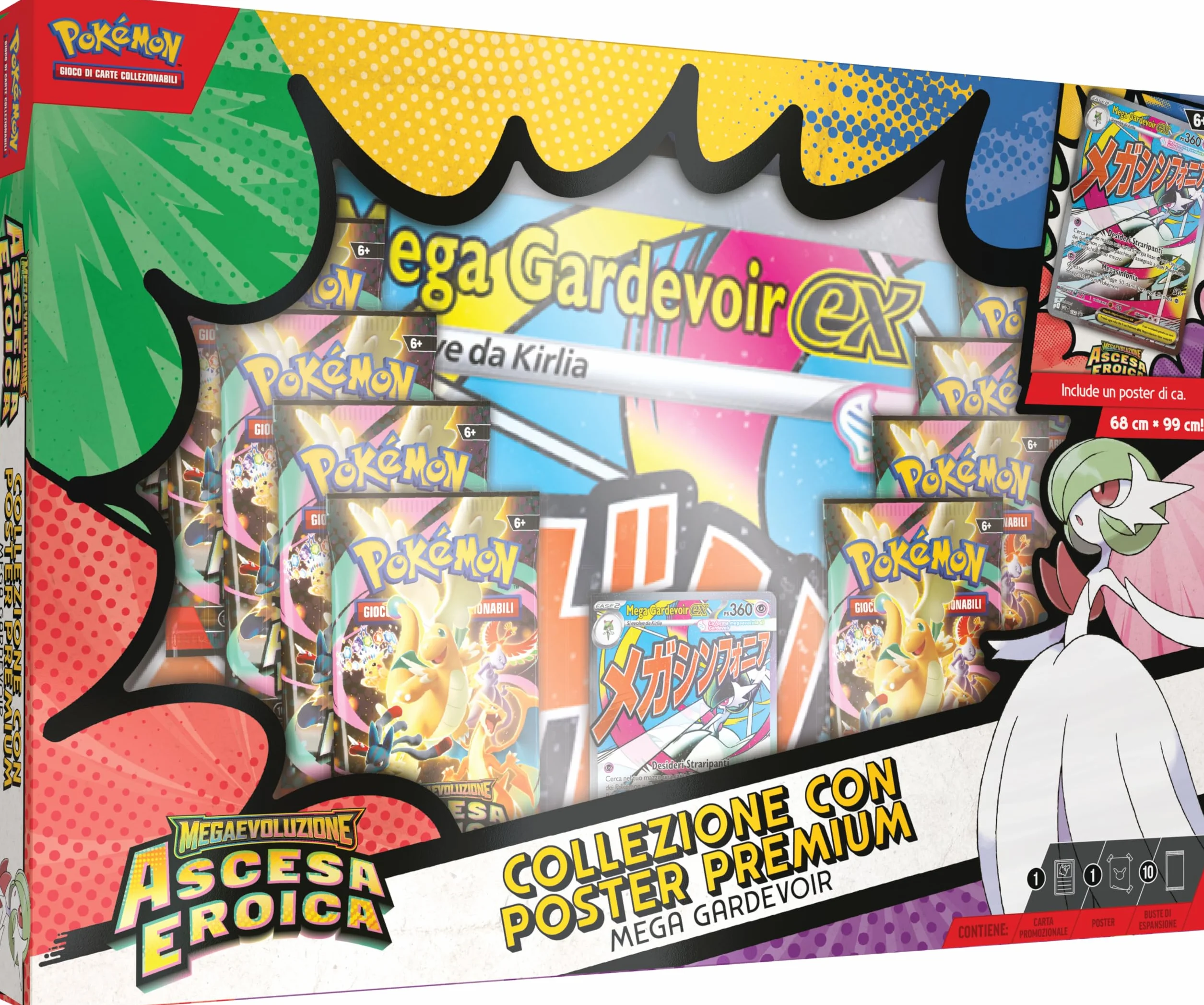 Pokémon: collezione con poster premium Mega Gardevoir dell’espansione Megaevoluzione - Ascesa Eroica del GCC Pokémon (1 carta promozionale olografica, 1 poster fronte-retro e 10 buste di espansione)