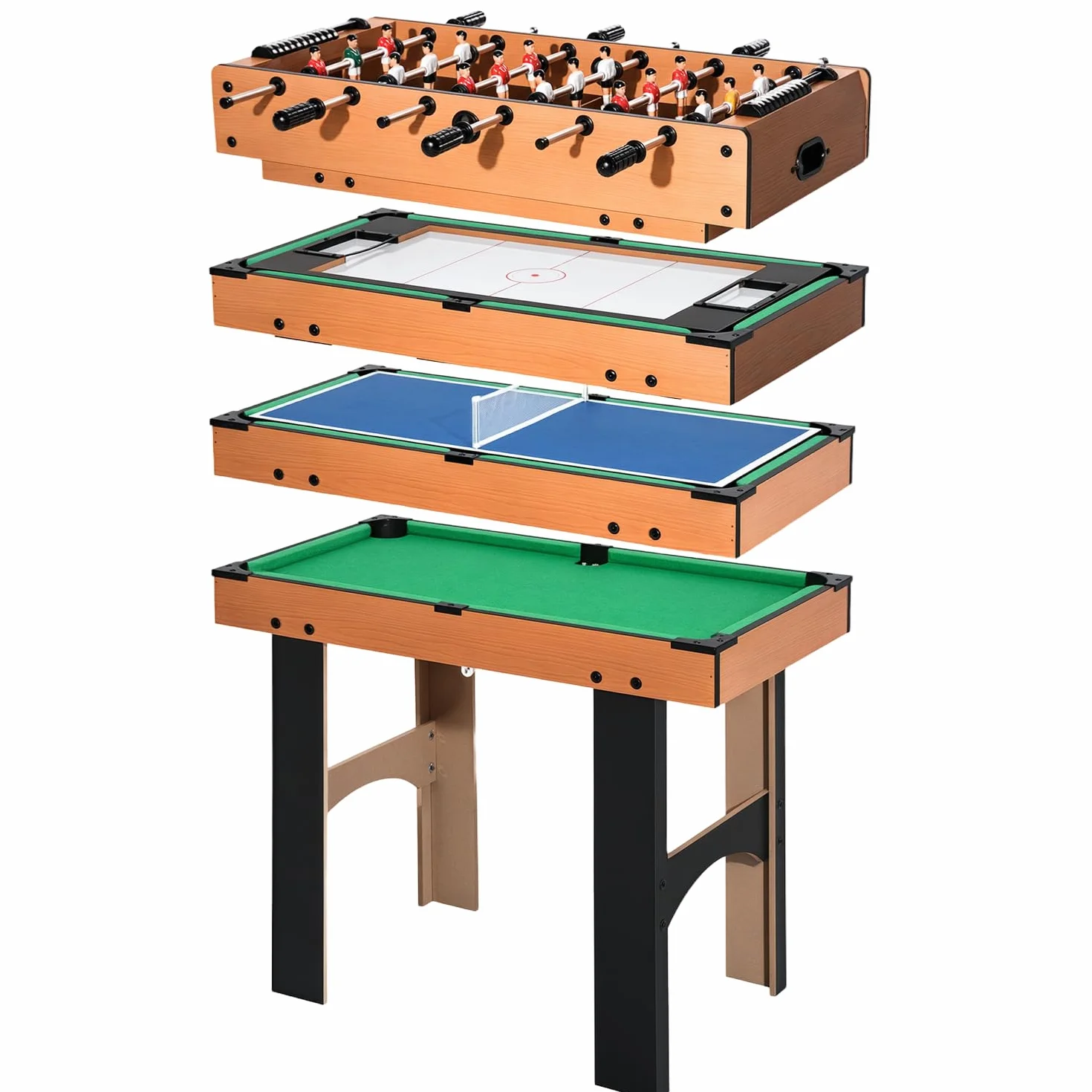HOMCOM Tavolo Multigioco 4 in 1 con Calcio Balilla, Biliardo, Ping Pong e Hockey da Tavolo, Tavolo da Gioco con Accessori, in Legno MDF, Legno Naturale e Nero