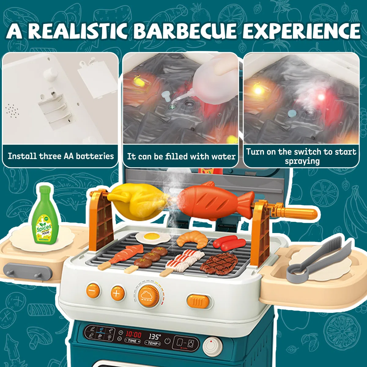 Set di giocattoli per barbecue per bambini con rumori di fumo e luce, accessori da cucina, barbecue interattivo per bambini dai 3 agli 8 anni (BLUA)