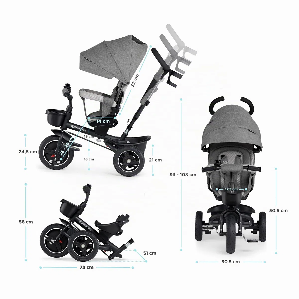 Kinderkraft SPINSTEP Triciclo bambini dai 9 Mesi con Maniglione, Cappottina impermeabile con filtro UPF50+, Pieghevole, Seduta girevole a 360 gradi, Grigio