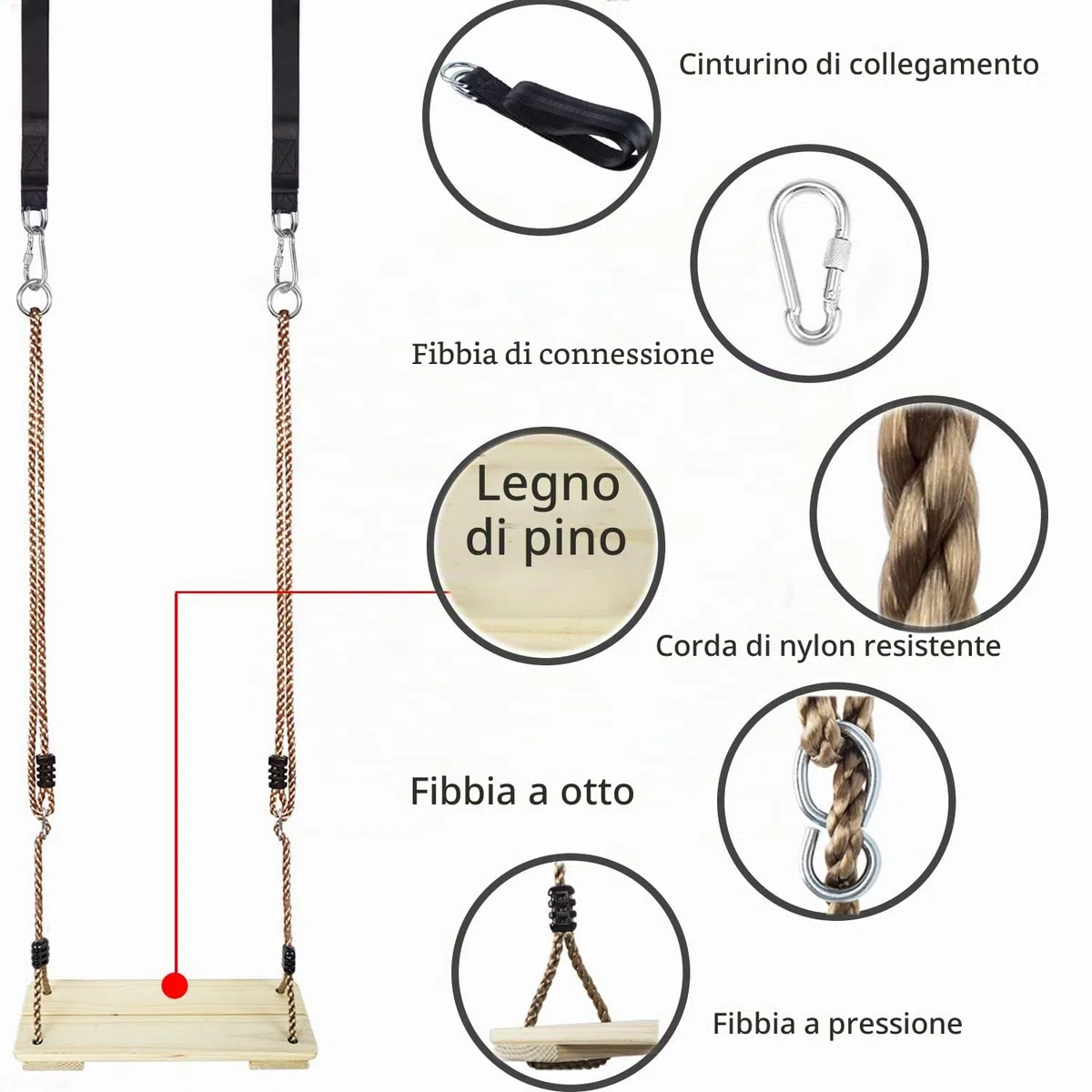 KINSPORY Altalena Legno, Altalena da Giardino per Bambini, Seggiolino Altalena Bambini Legno, Sedili per Altalena per Bambini da Giardino con Corda in Canapa Regolabile