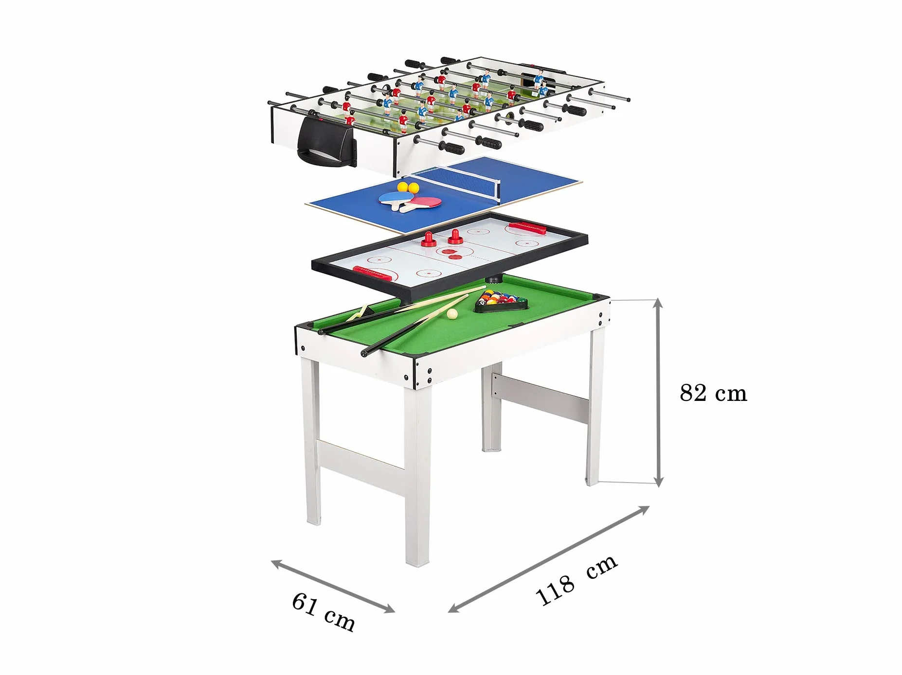 Leomark tavolo multigioco 4 in 1 per la casa e scuola, dim. 118cm x 61cm x 82cm (LxPxA) con biliardo pool, hockey, ping pong e calcetto balilla, tavolo da gioco per adulti e bambino