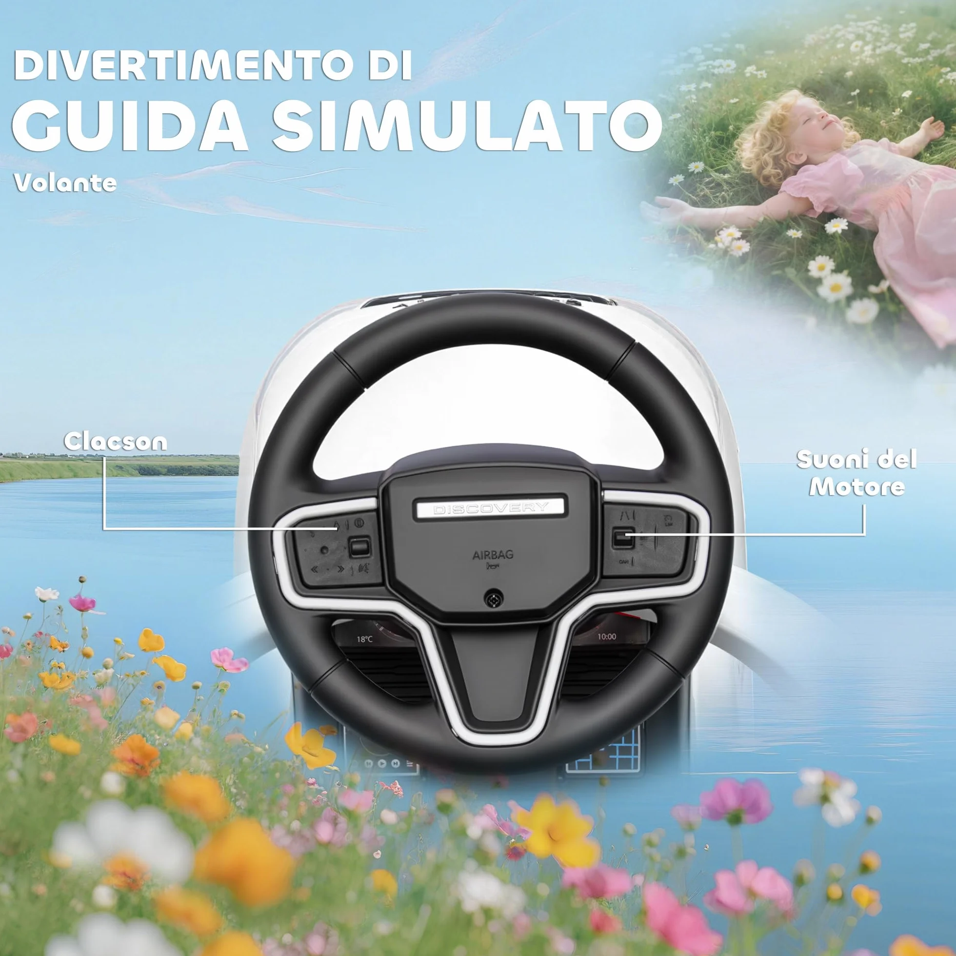 AIYAPLAY Macchina Primi Passi Cavalcabile per Bambini 1-3 Anni Licenza Land Rover Discovery con Maniglione e Barriera a 360°, Passeggino per Bambini in PP e Acciaio, 84x40x94.5 cm, Bianco