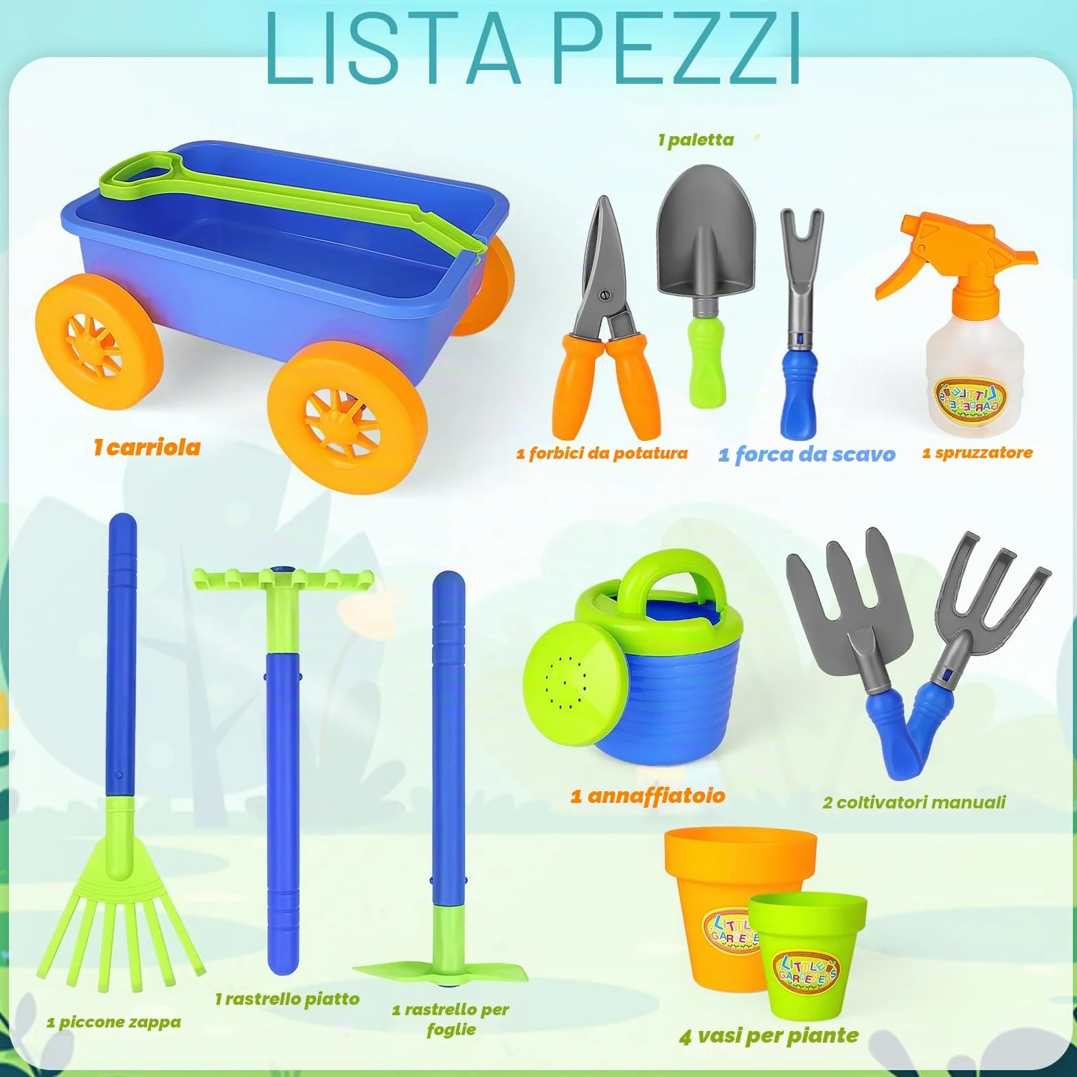 deAO Carriola e attrezzi da giardinaggio per bambini, include 10 accessori e 4 vasi per piante