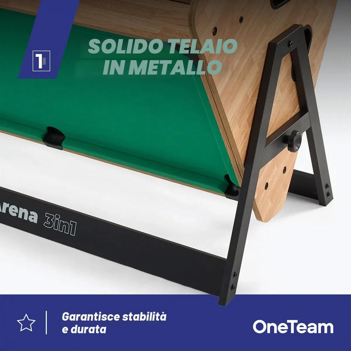 OneTeam FunArena 3in1 – Tavolo da gioco: calcio balilla, biliardo, air hockey; multifunzionale, stabile, compatto con campi di gioco intercambiabili, ideale per casa, sale comuni e stanze di gioco