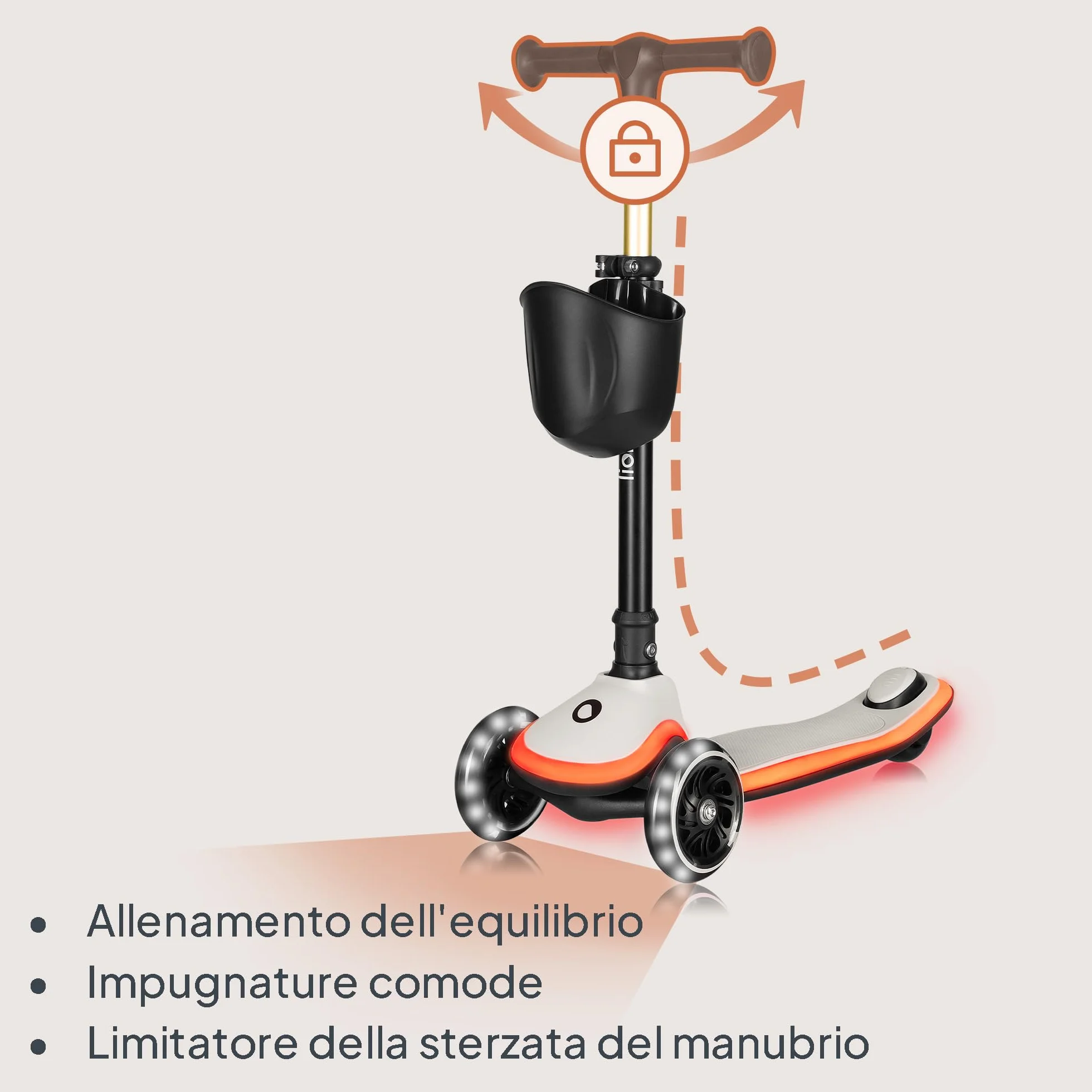 LIONELO Monopattino Bambino a 3 Ruote MEY per bambini da 3 anni fino a 50kg, Monopattino per Bambini con Illuminata e Ruote a LED, Altezza Regolabile, Pedana Antiscivolo, laggero, Cestino