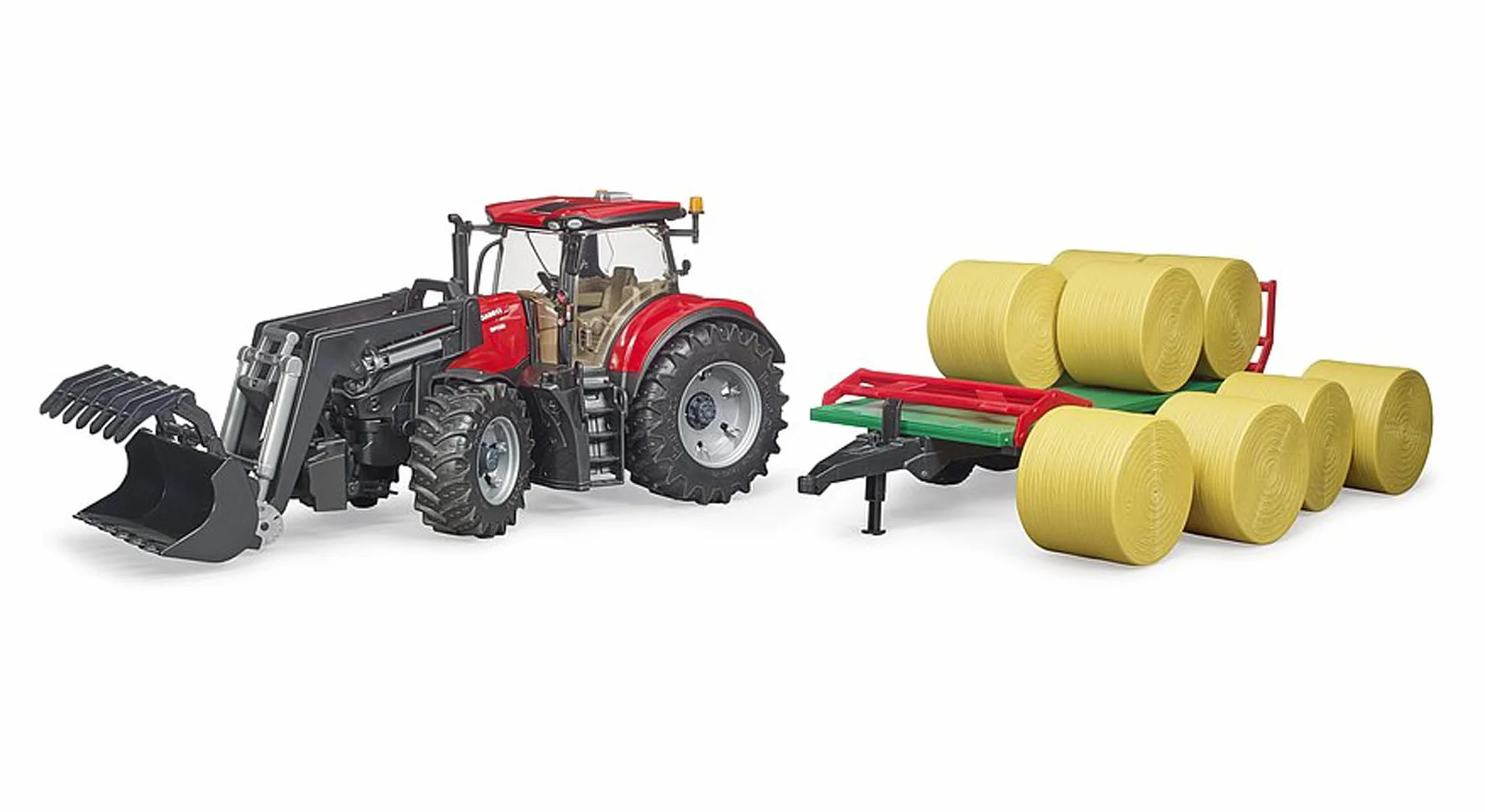 bruder 03198 - Case IH Optum 300CVX con caricatore frontale e rimorchio per trasporto balle, trattore, rimorchio per balle