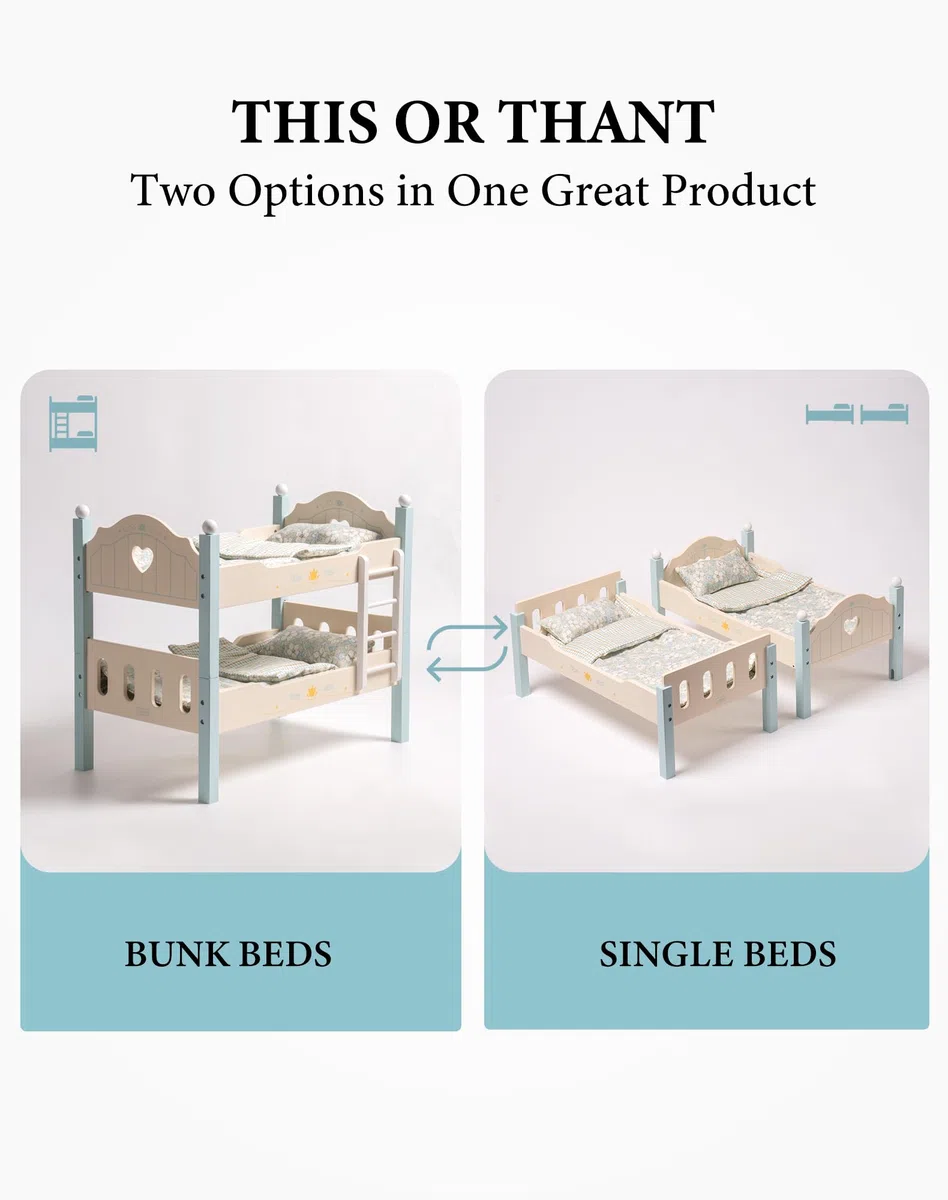 ROBOTIME Letto a castello per bambole in legno da 18", lettino per bambole trasformabile con scaletta e biancheria da letto, culla per bambole impilabile, regalo perfetto per bambini, blu