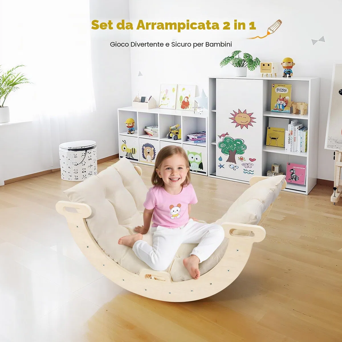 Arco da Arrampicata Montessori 2 in 1 con braccioli per bambini legno naturale cuscino tappetino antiscivolo 1-6 anni
