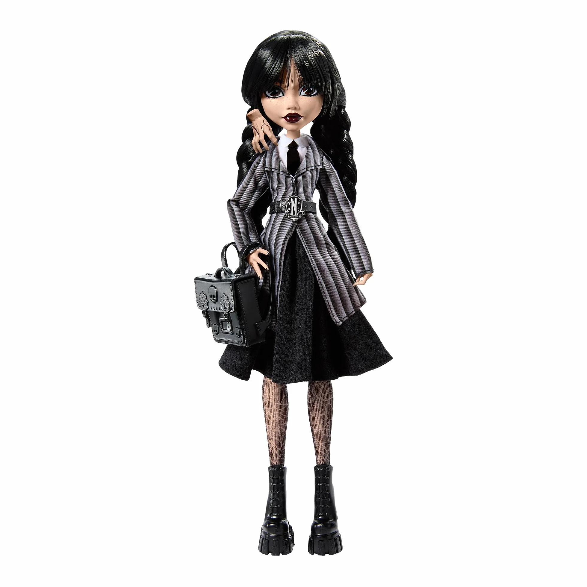 Monster High Mercoledì, bambola e accessori, Mercoledì Addams da collezione in uniforme Nevermore Academy con Mano; zaino e piedistallo per bambola, HXJ04