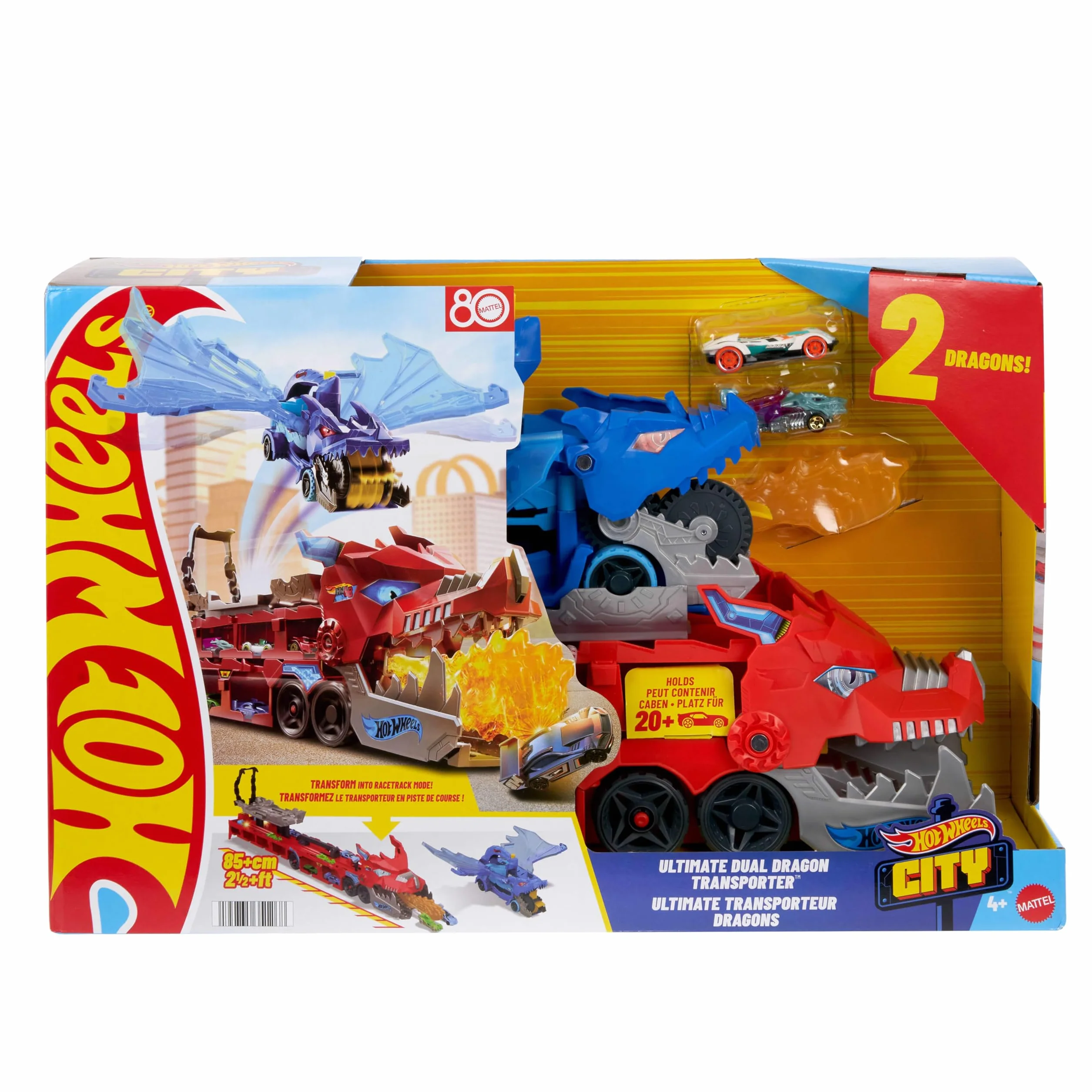 Hot Wheels - Drago Trasportatore, Veicolo trasformabile di Grandi Dimensioni con Drago Rimovibile e 2 macchinine Incluse, Contiene Fino a 20 Veicoli, Giocattolo per Bambini, 4+ Anni, JKJ79