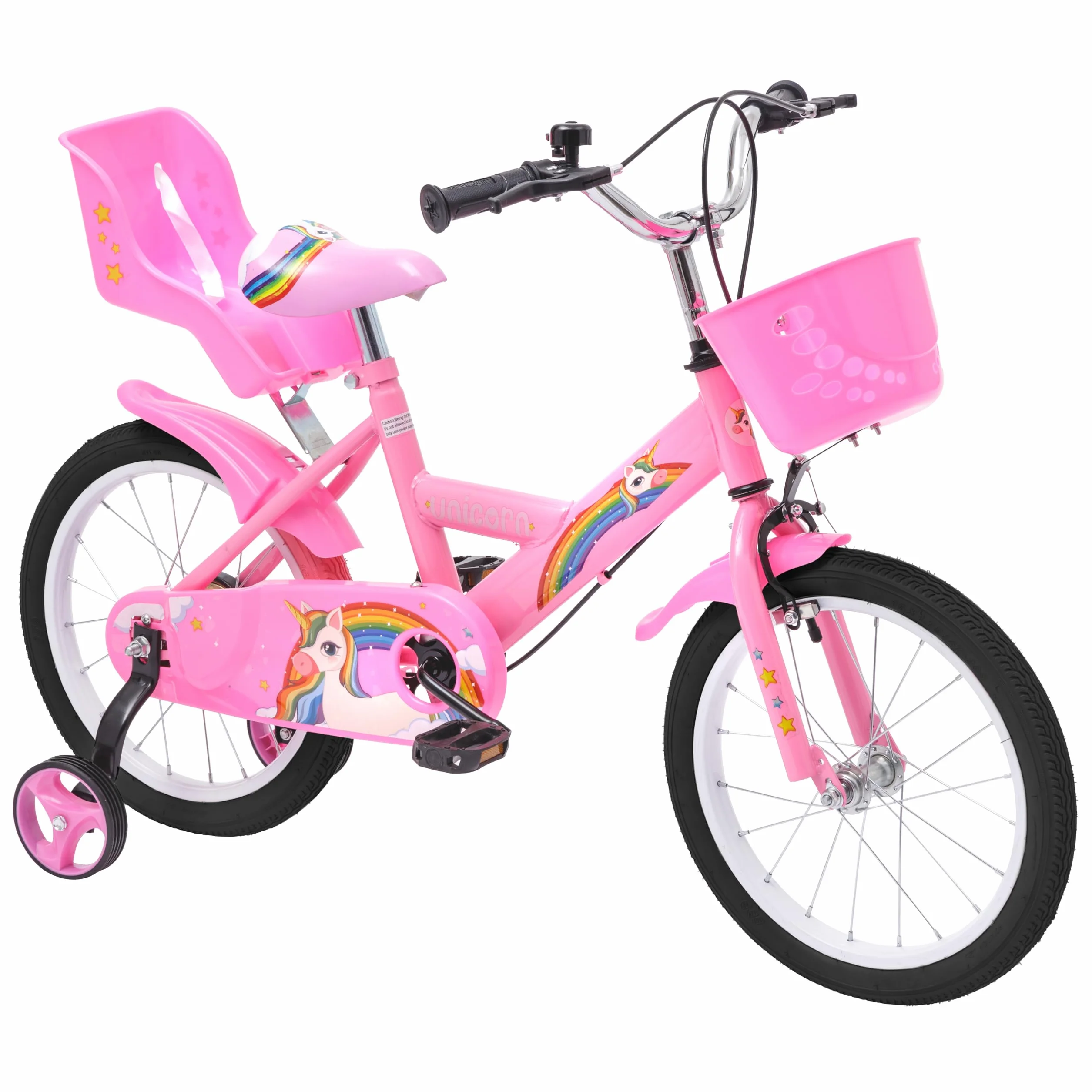 Baroni Toys Bicicletta per Bambine 12 & 14 & 16 Pollici con Unicorno con Porta Bambola e Rotelle Inclusi, Bici in Acciaio con Cestino per Bambina dai 2 ai 7 anni