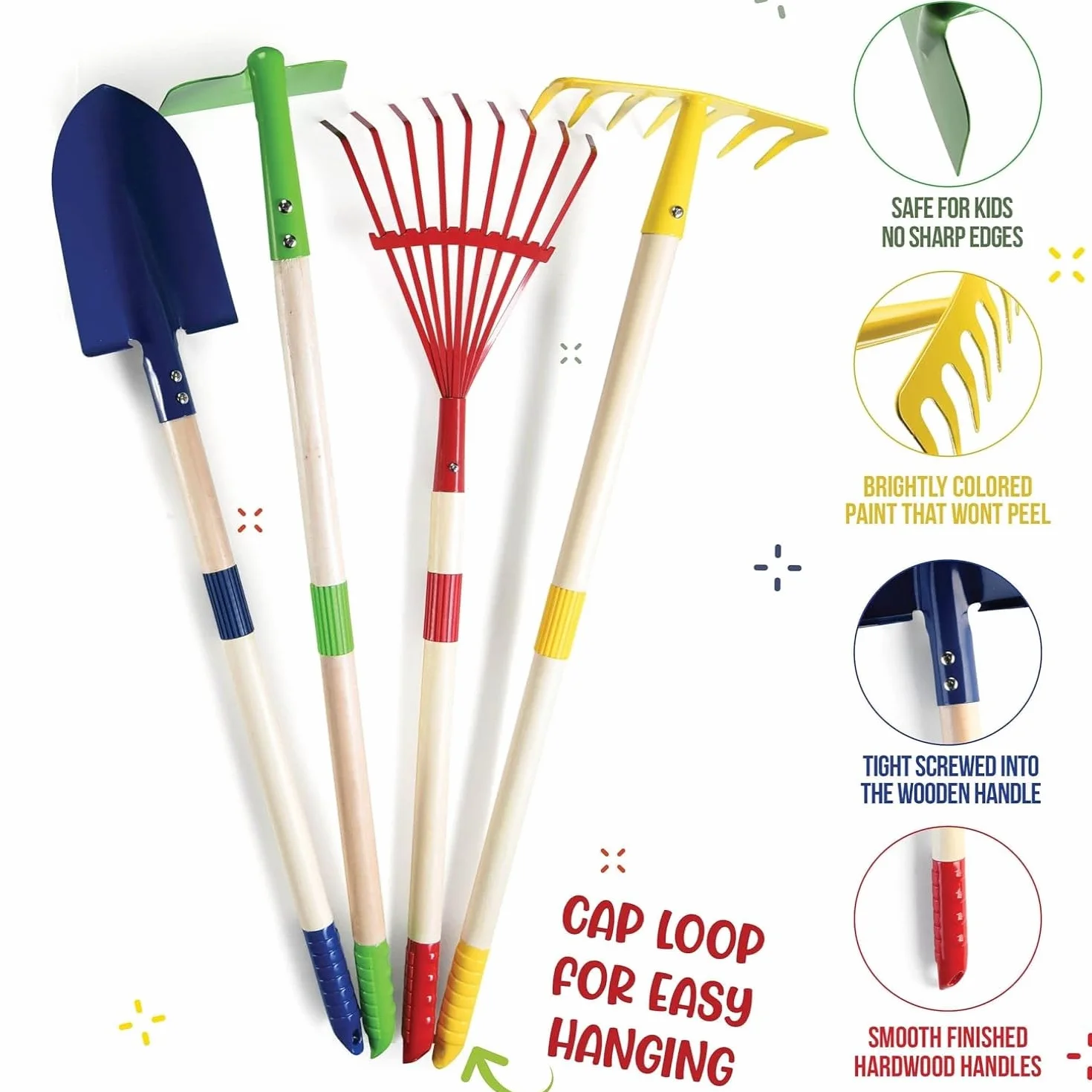 LATERN 6 Pezzi Attrezzi da Giardinaggio per Bambini, 71CM Metallo Grandi Pala Rastrello Zappa Foglie Rastrello con Manico in Legno, Annaffiatoio, Guanti - per Esterno Giardino Cortile Scavare Giocare