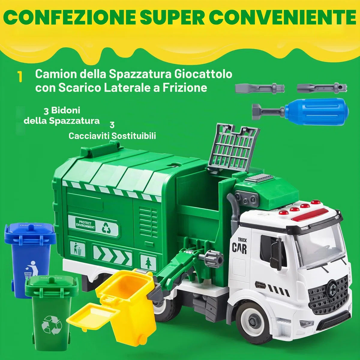 JOYIN Giocattolo camion della spazzatura con luci e suoni per bambini 3-8 anni, camion riciclaggio scarico laterale regalo