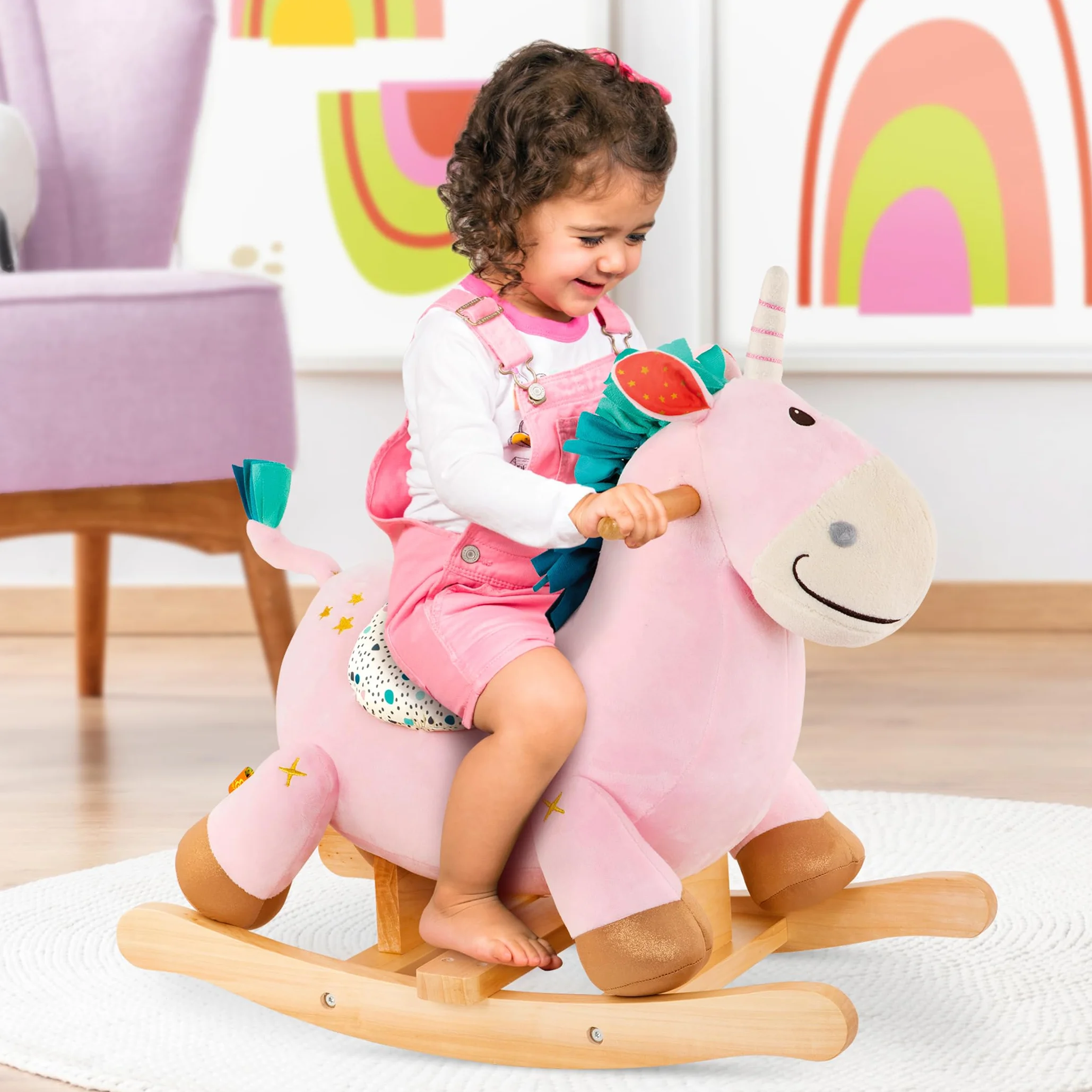 B. toys - Rodeo Rocker - Cleo - Unicorno Rocker - Unicorno a dondolo - Cavalcabile in legno - Giocattolo classico per bambini e ragazzi - 18 mesi +