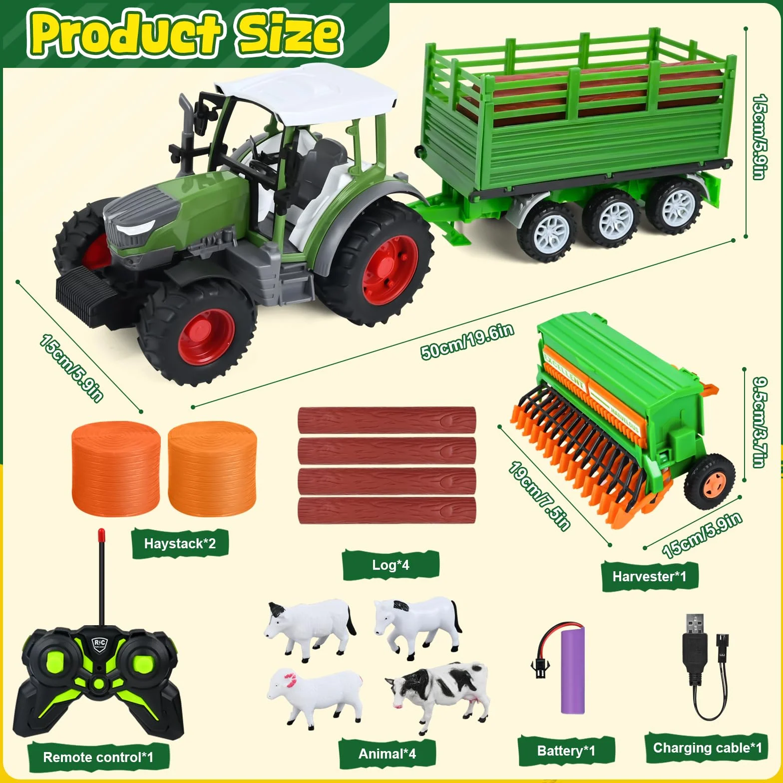 PATEMZON RC Trattore Telecomandato per Bambini, Trattore Agricolo con Aratro e Luce, Set di Trattore Radiocomandato con Rimorchio Giocattolo, Mucca, Pecora, Troncs d'Arbre e Balle, Verde