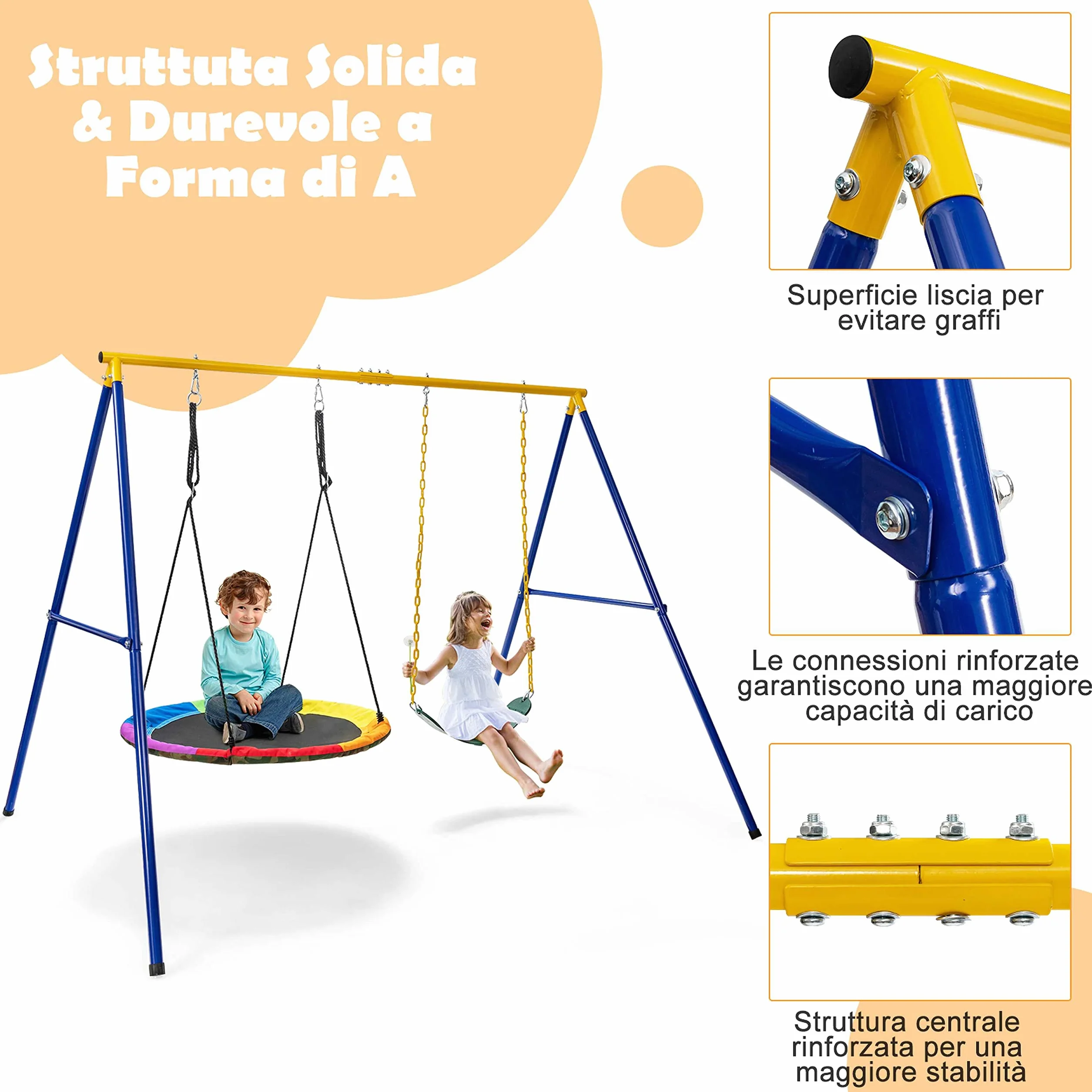 COSTWAY Set Altalena da Giardino per Bambini, Struttura di Metallo ad A con 1 Sedile in EVA Morbido e 1 Altalena Nido, Capacità 300 kg, Ideale per Giardino Parco Giochi (Giallo+Blu, Altalena+Supporto)