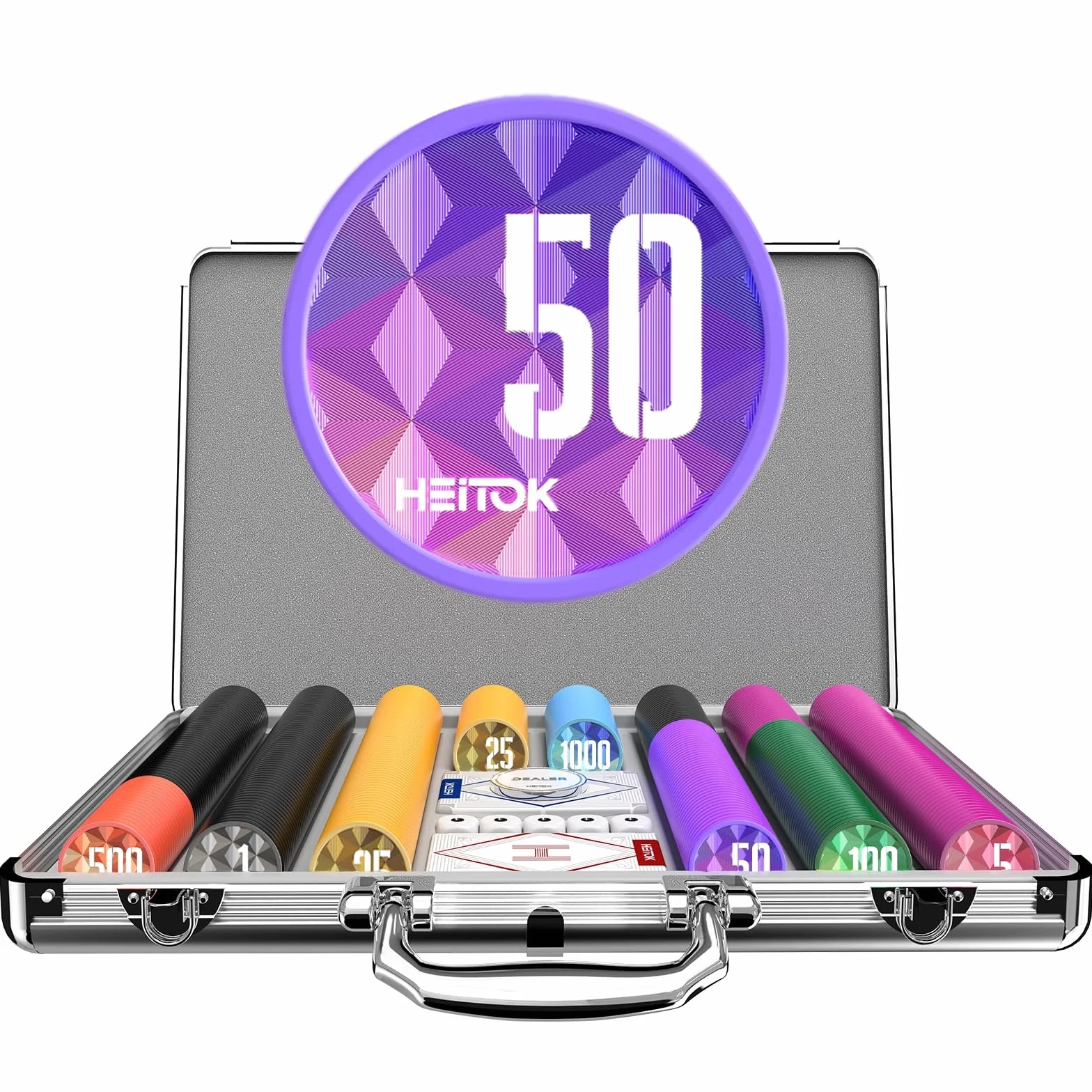 HEITOK Set da Poker 500 Fiches 11,5g Numerati con Anima in Metallo - Valigetta Alluminio Rinforzata, Bottone Dealer in Metallo, Carte e Dadi - Kit Texas Holdem Professionale per Adulti