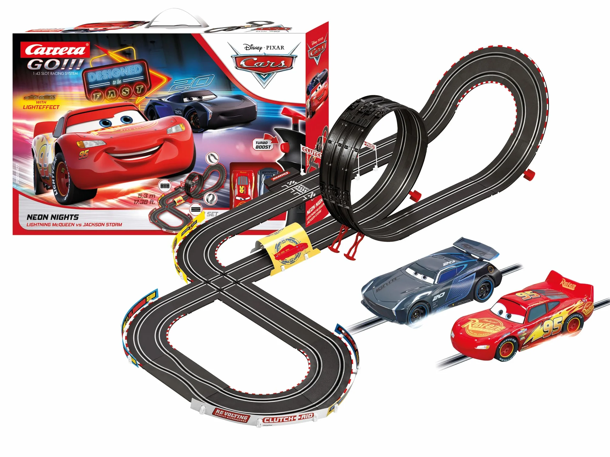 Carrera GO!!! Disney Pixar Cars Neon Nights Set Pista da Scontro con Saetta McQueen e Jackson Storm Gioco per Bambini 6+ Anni
