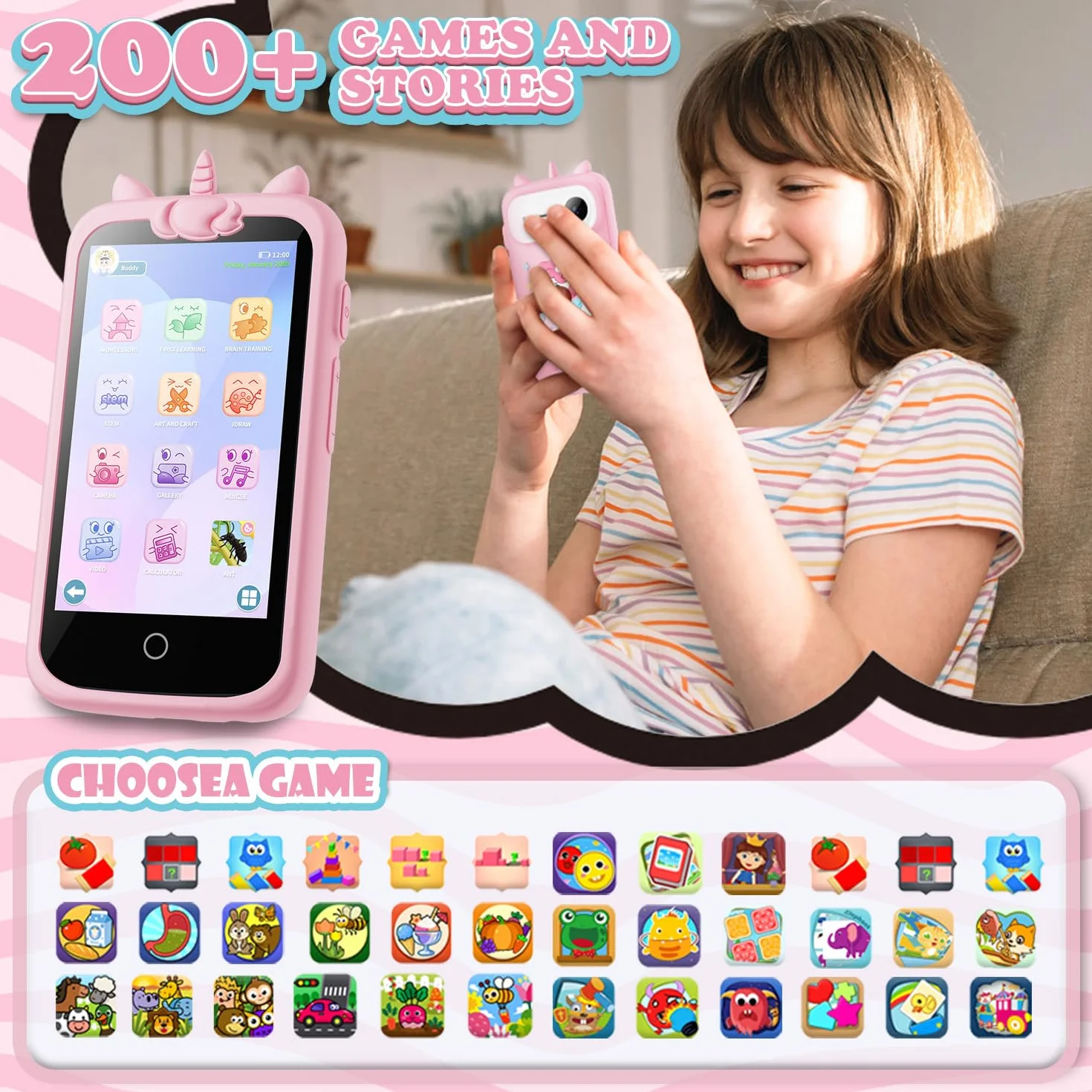 Smartphone Giocattolo per Bambini, 3.97" Cellulare Giocattolo Regalo Natale/Compleanno, 200+ Puzzle Gioco Smartphone Bambini, 2000mA Telefono Finto per 3 ai 12 Anni (Blu) (D2-pink-1)