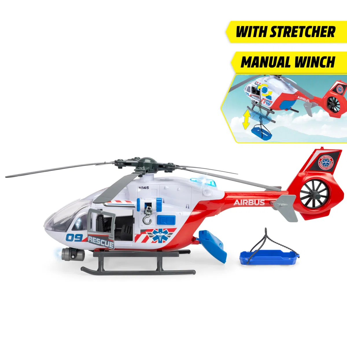 Dickie Toys - Airbus H145 Elicottero Giocattolo 1:24 con Luci e Suoni, Verricello Manuale, Portiere e Portellone Apribili, 54 cm, +3 anni, 203719035