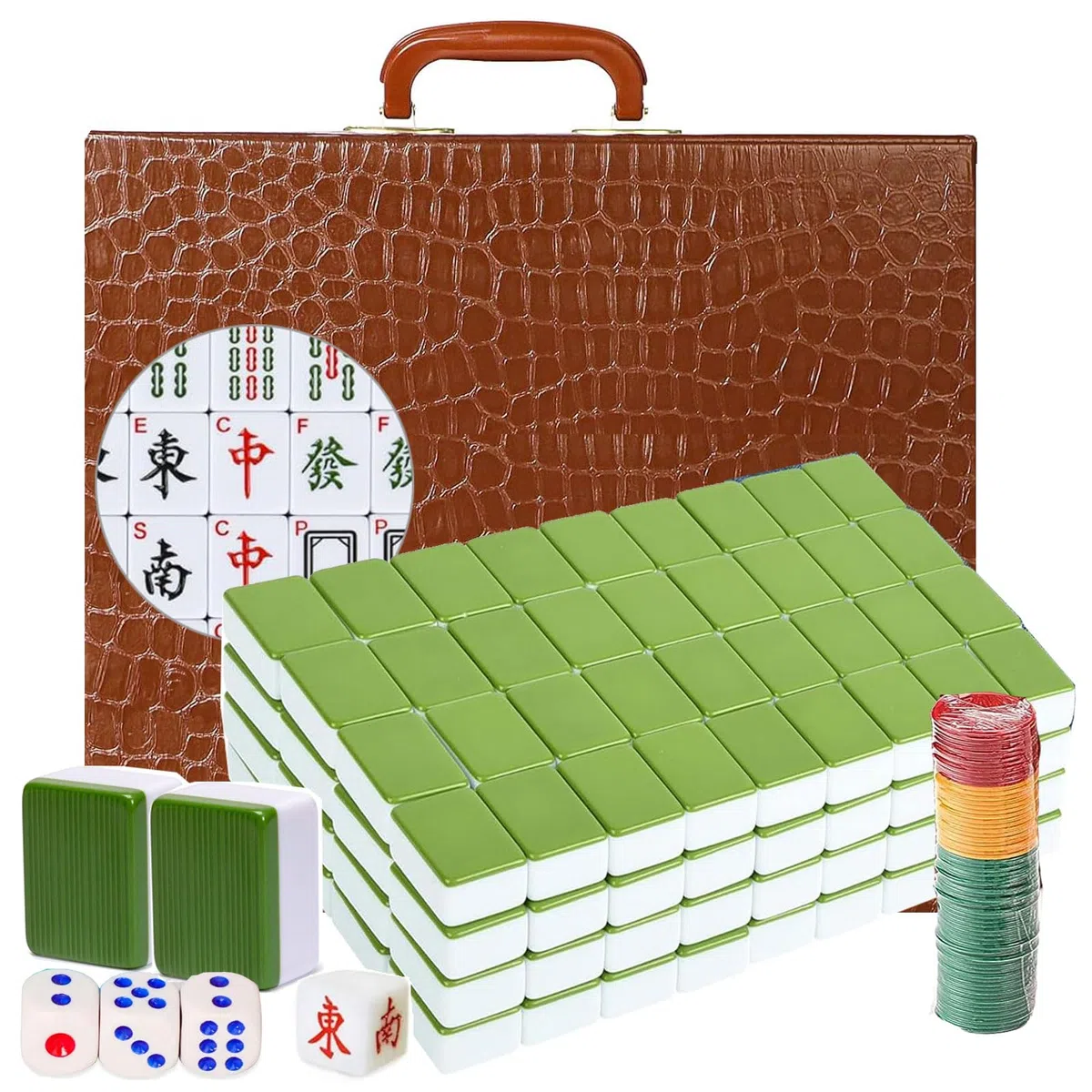 Set Mahjong da gioco cinese con custodia da viaggio 144+2 piastrelle 1,5" numeri arabi dadi indicatore vento