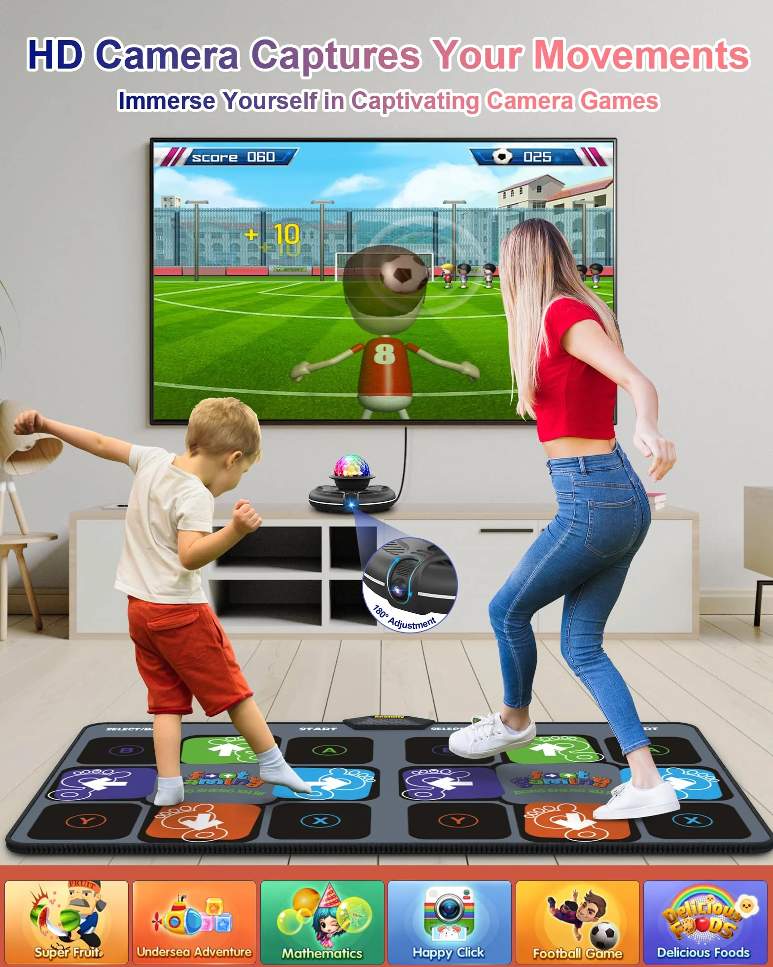 Tappetino da Ballo per Bambini per TV con Telecamera, Tappetino da Gioco Antiscivolo per Interni con 2 Controller Wireless e Palla da Discoteca Colorata, Regalo per Ragazzi, Ragazze, Adulti