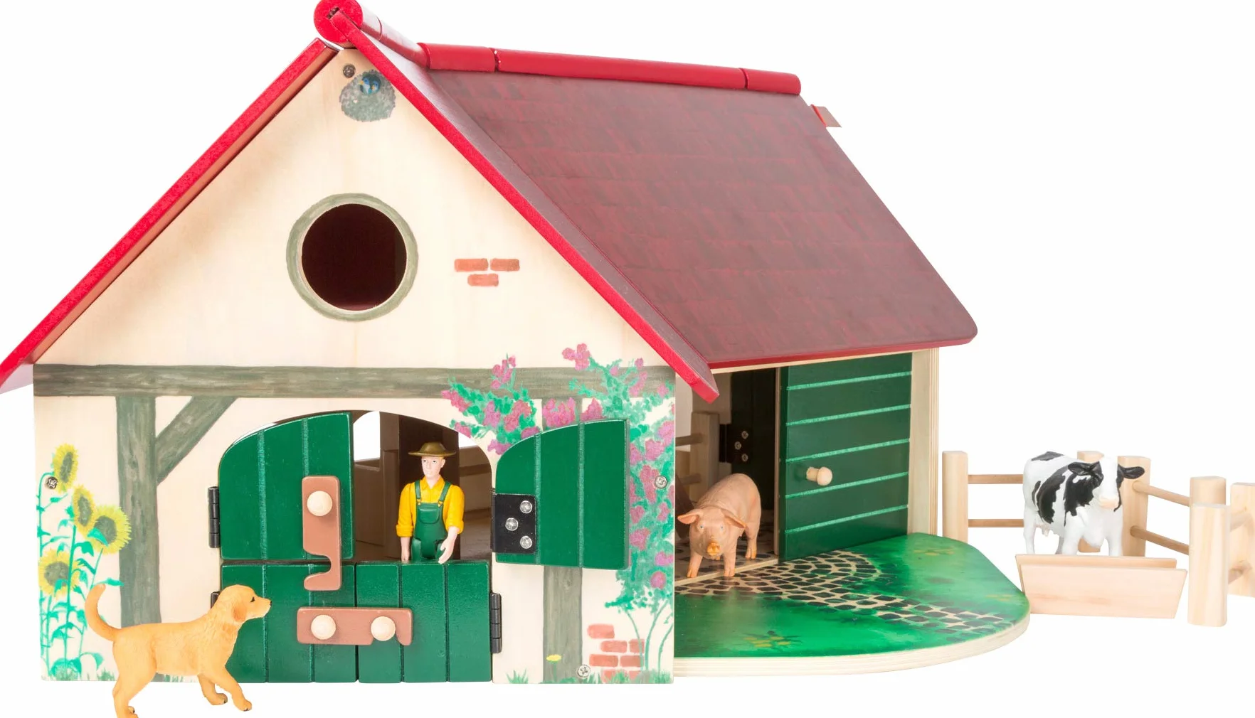 WoodFriends 11005 Azienda agricola in legno con animali, recinto, recinto, gru, scala e contadino, a partire dai 3 anni di età