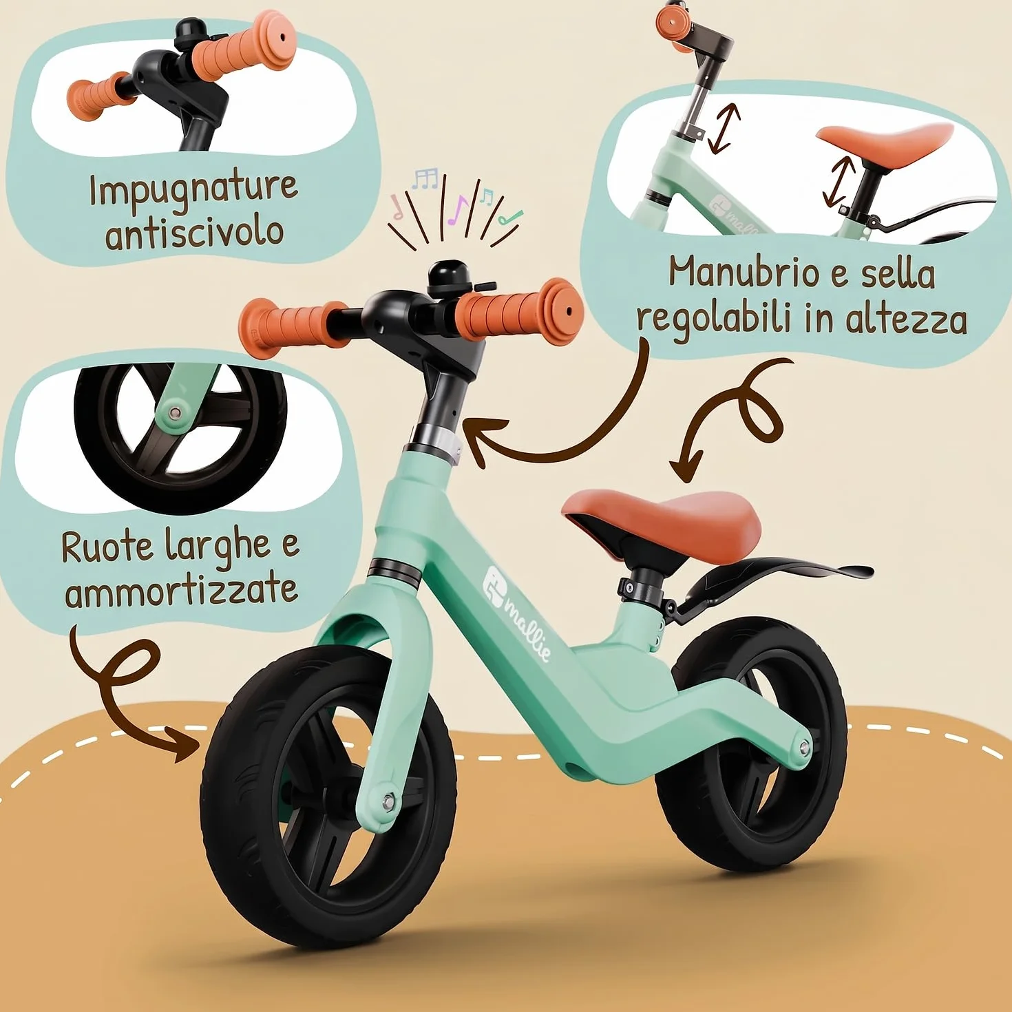 Mallie® Bicicletta Bambini 2-3 Anni con campanello - Balance Bike, Regalo Bambina 3 Anni, Giochi Bambina 2 Anni, Bici Senza Pedali 2 Anni, Regalo Bambino 4 Anni