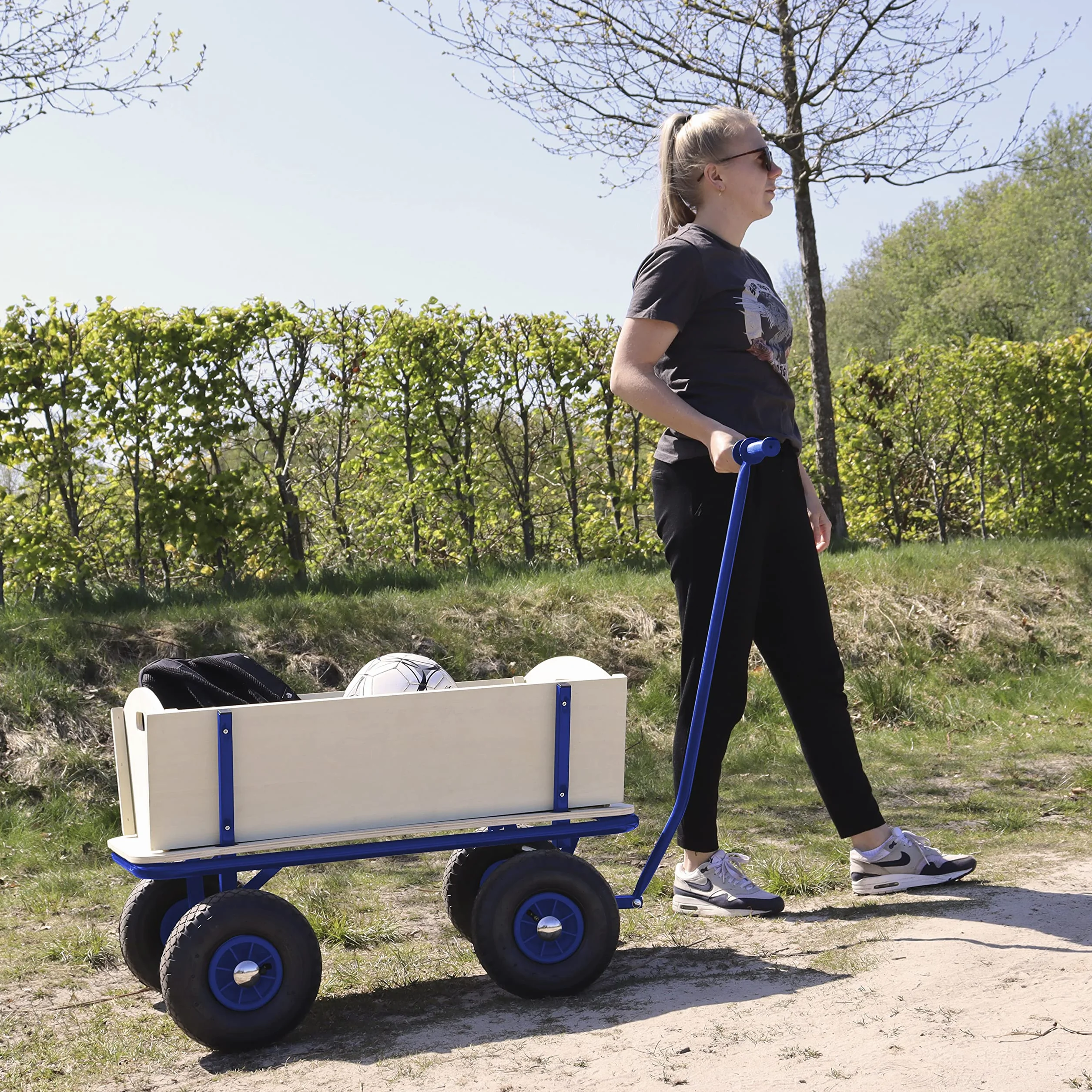 Sunny Billy Beach Wagon Blu | Carrello da Giardino, Spiaggia | In Legno, 4 ruote, da Esterno, da Mare| 94x61x97cm - Max 100kg