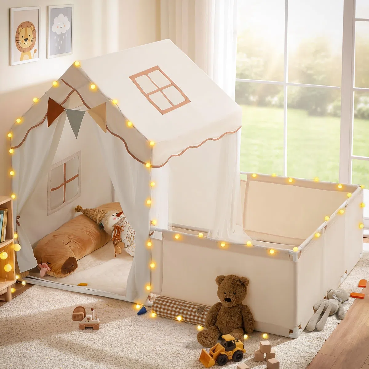 Besrey Tenda per Bambini 2-in-1 con Parco Giochi Casetta da Gioco Interna con Luci LED per 4-5 Bambini