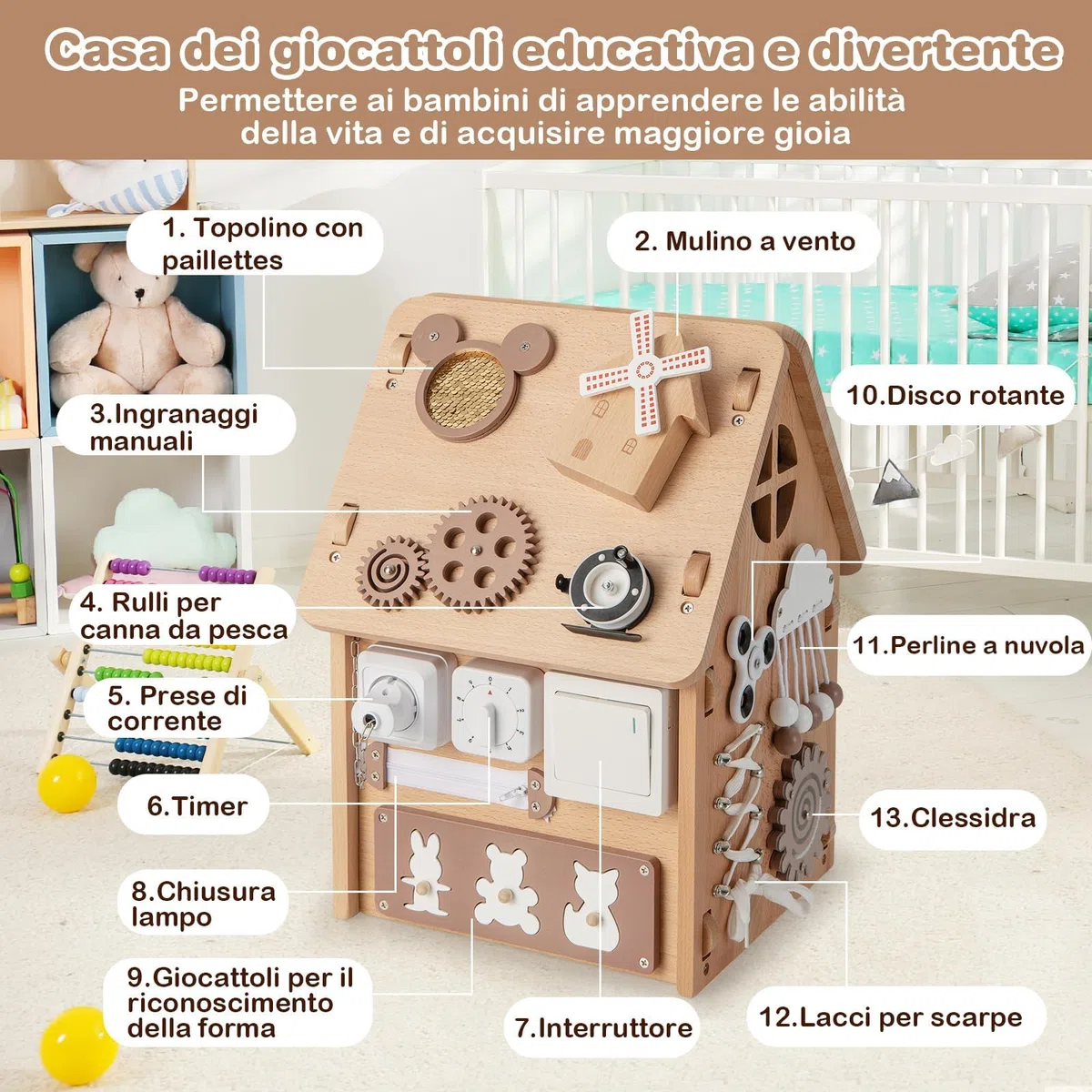RELAX4LIFE Giochi Montessori Busy House, Casetta Attività Bambini 1-5 Anni