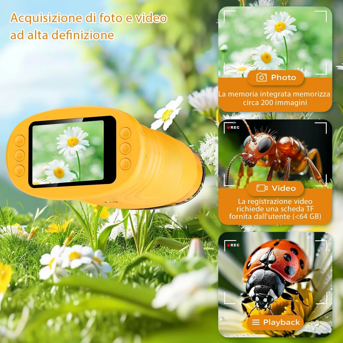 Microscopio digitale per bambini, ingrandimento 1000X con schermo IPS da 2,0", ricaricabile tramite USB e portatile, 8 luci LED, per uso esterno, arancione, regali per bambini dai TRE anni in su.