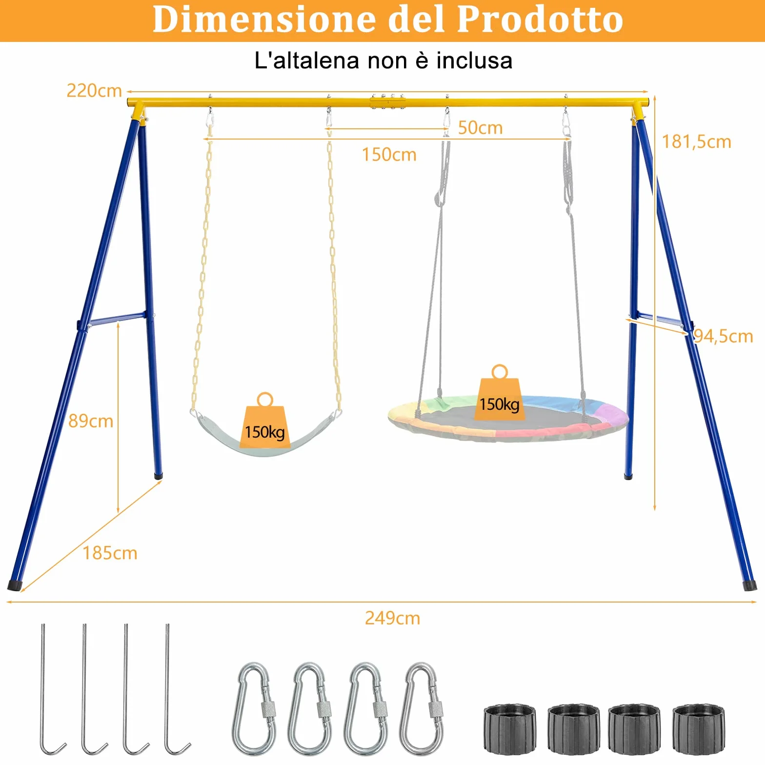 COSTWAY Set Altalena da Giardino per Bambini, Struttura di Metallo ad A con 1 Sedile in EVA Morbido e 1 Altalena Nido, Capacità 300 kg, Ideale per Giardino Parco Giochi (Giallo+Blu, Altalena+Supporto)