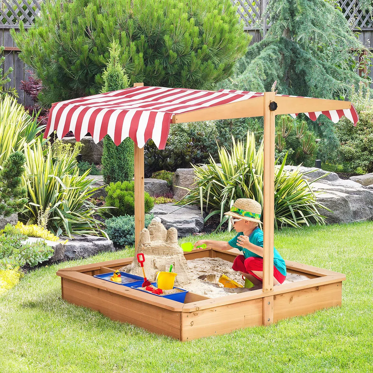 Outsunny Sabbiera per Bambini in Legno con Tettuccio Regolabile in Altezza, Gioco da Giardino con Sedute sui Bordi e Vaschette, 107.5x107.5x100cm