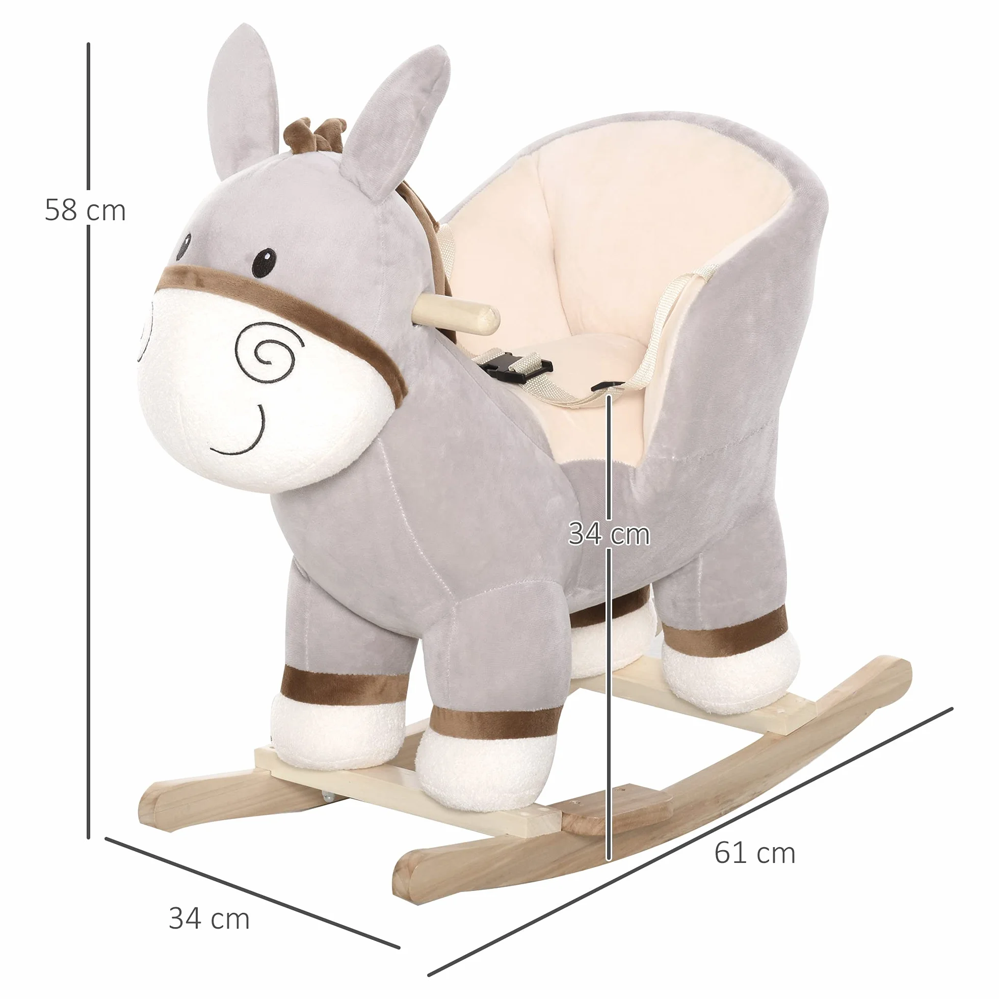 HOMCOM Cavallo a Dondolo per Bambini 18-36 Mesi, Cavalluccio a Dondolo a Forma di Asino con Suoni Realistici in Legno di Pioppo e Peluche, Grigio