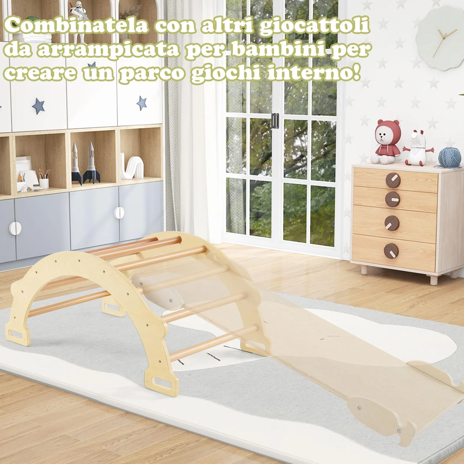 COSTWAY Arco da Arrampicata per Bambini, 2 in 1 Altalena ad Arco in Legno con Cuscino Morbido, Doppia Faccia, Ideale per Bambini 1+ Anni (Naturale)